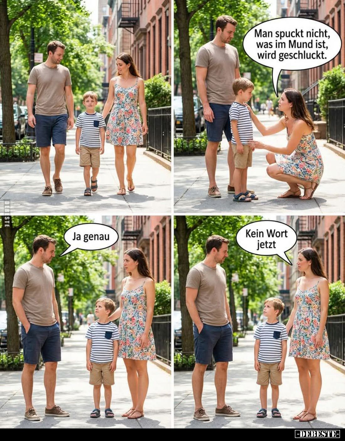 Man spuckt nicht, was im Mund ist, wird geschluckt. -
Ja genau. -
Kein Wort jetzt.