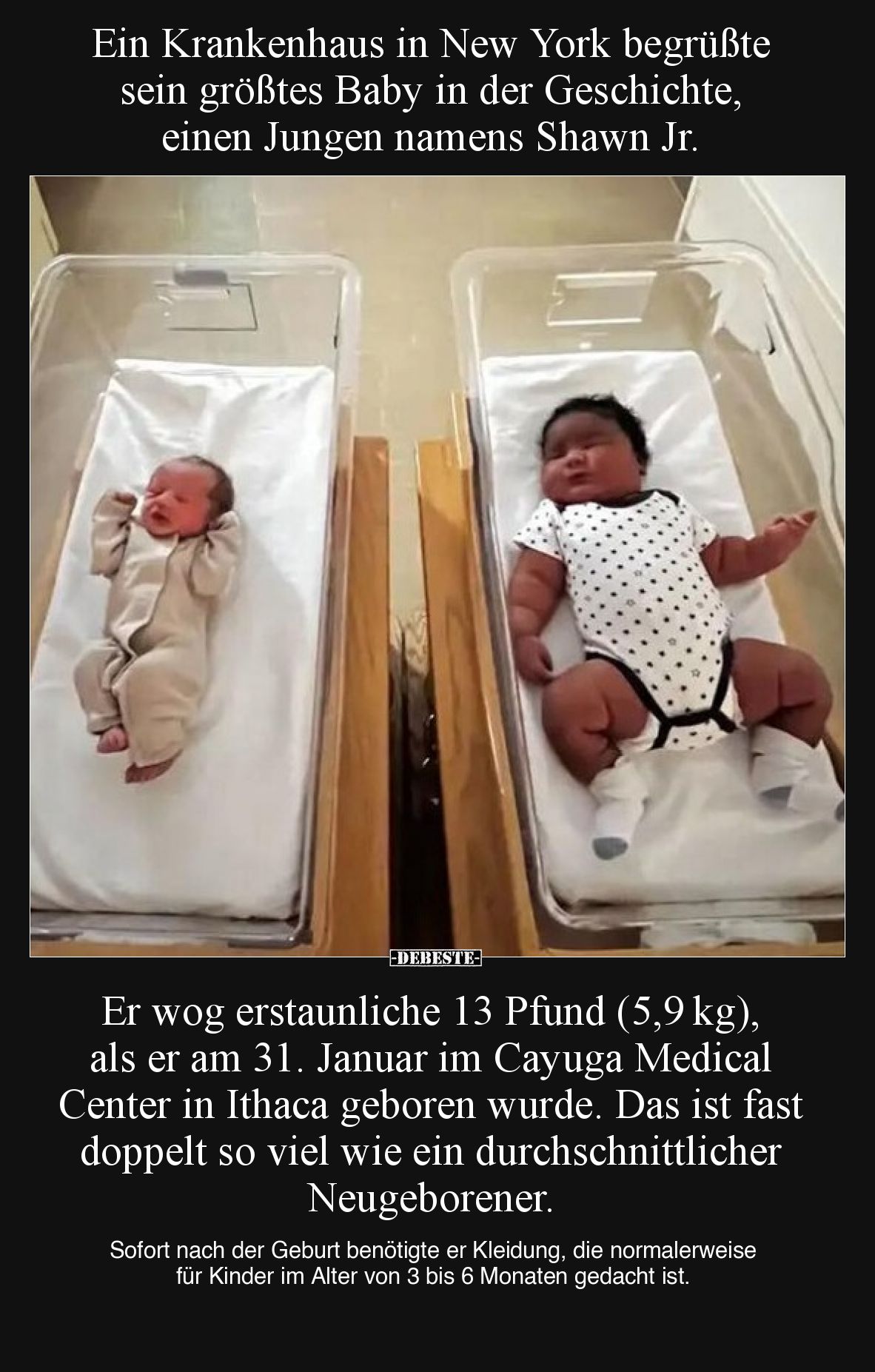 Ein Krankenhaus in New York begrüßte sein größtes Baby in der Geschichte, einen Jungen namens Shawn Jr.
Er wog erstaunliche ...