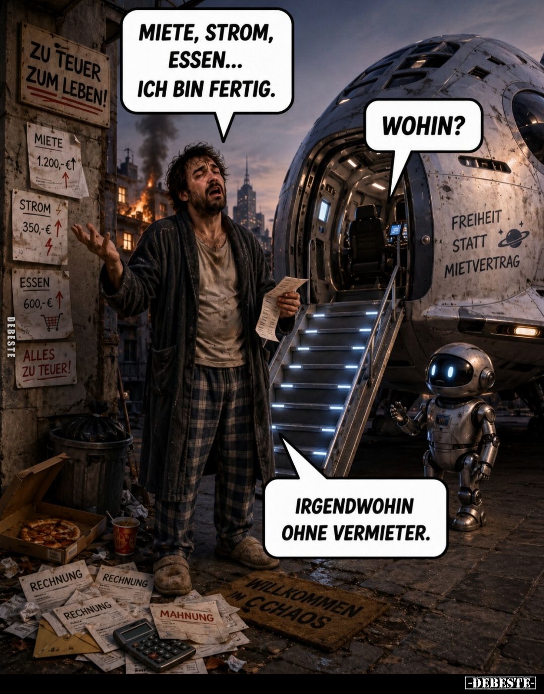 Miete, Strom, Essen… ich bin fertig. -
Wohin? -
Irgendwohin ohne Vermieter!