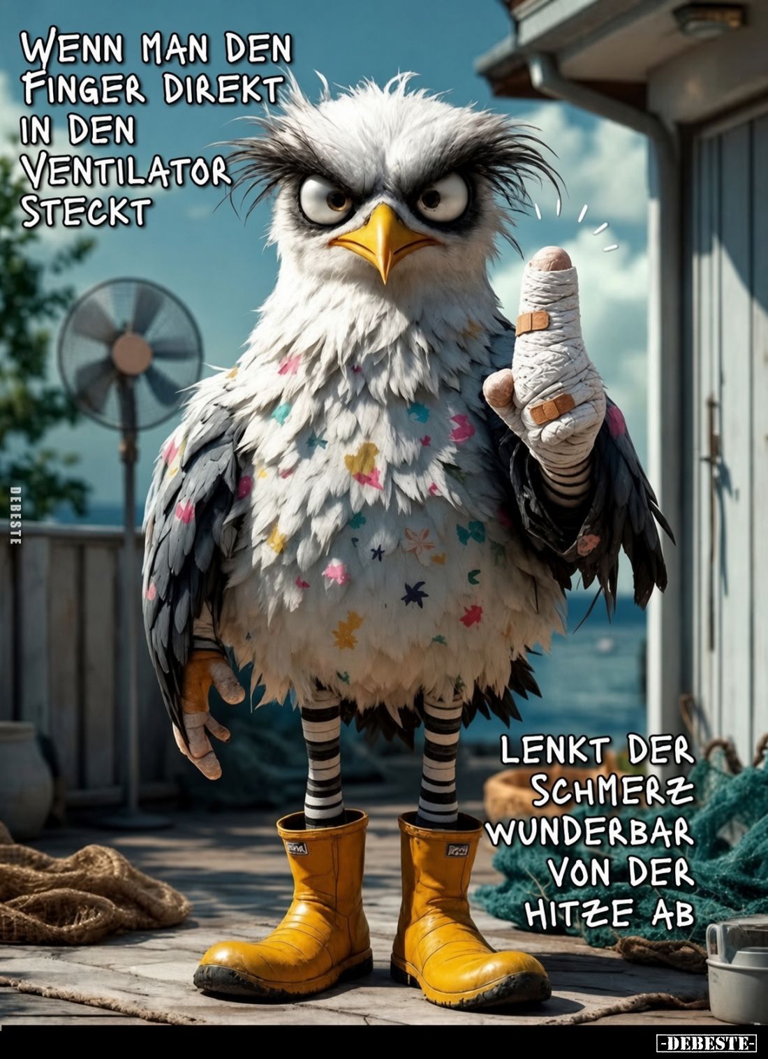 Wenn man den Finger direkt in den Ventilator steckt, lenkt der Schmerz wunderbar von der Hitze ab.