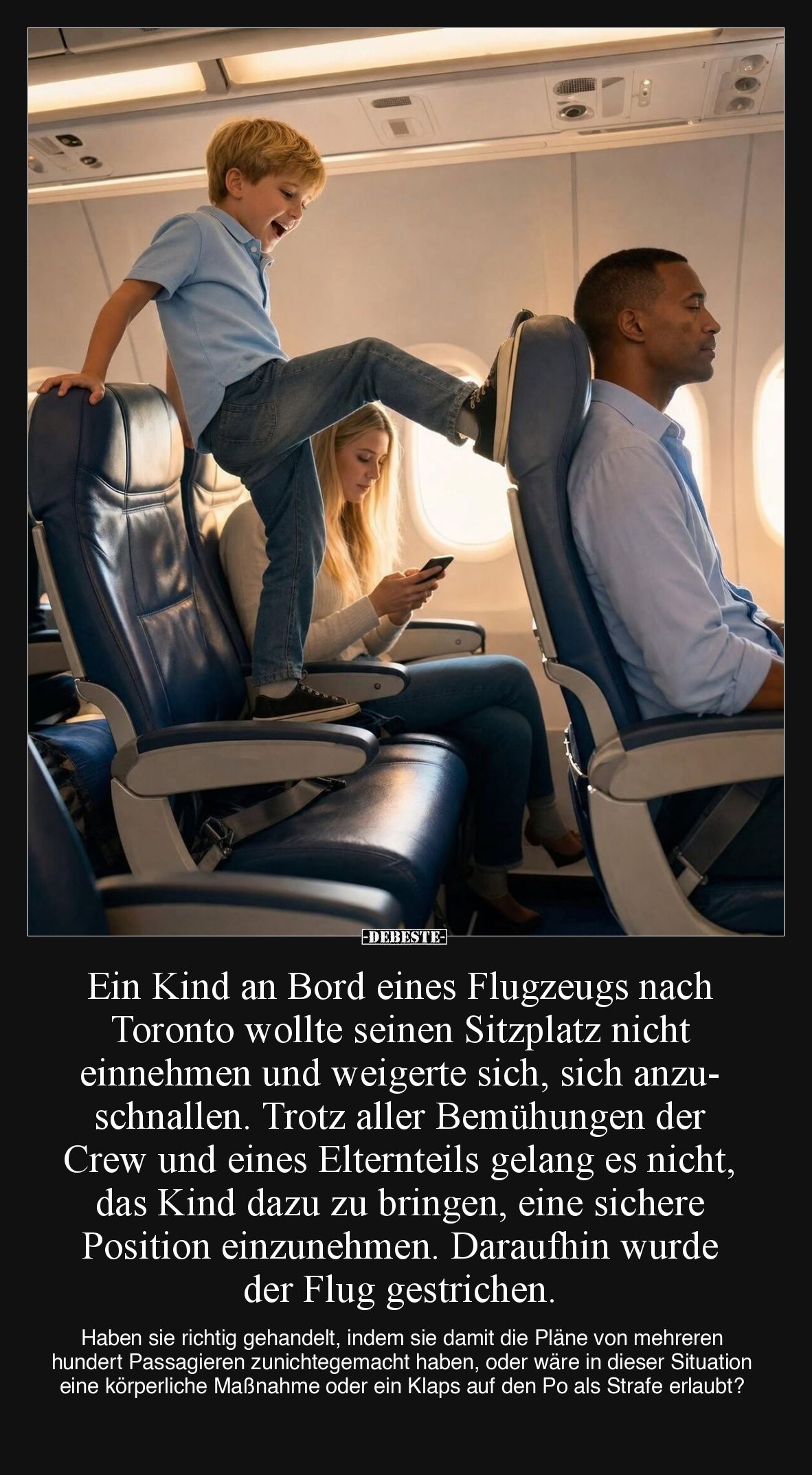 Ein Kind an Bord eines Flugzeugs nach Toronto wollte seinen Sitzplatz nicht einnehmen und weigerte sich, sich anzuschnallen. ...