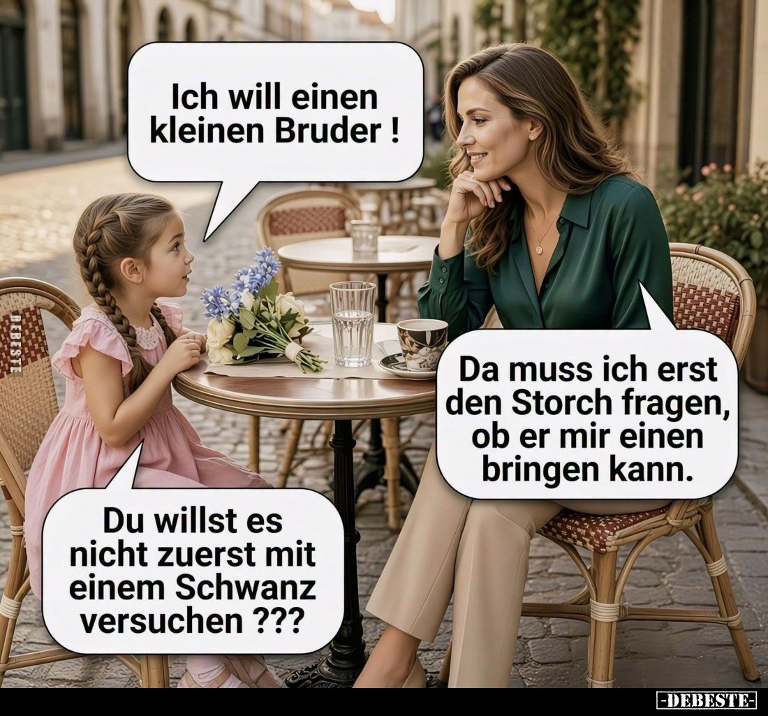 Ich will einen kleinen Bruder !
Da muss ich erst den Storch fragen, ob er mir einen bringen kann.
Du willst es nicht zu...