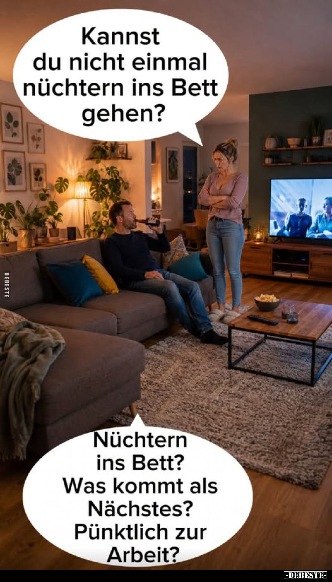 Kannst du nicht einmal nüchtern ins Bett gehen?
-
Nüchtern ins Bett?
Was kommt als Nächstes?
Pünktlich zur Arbeit?