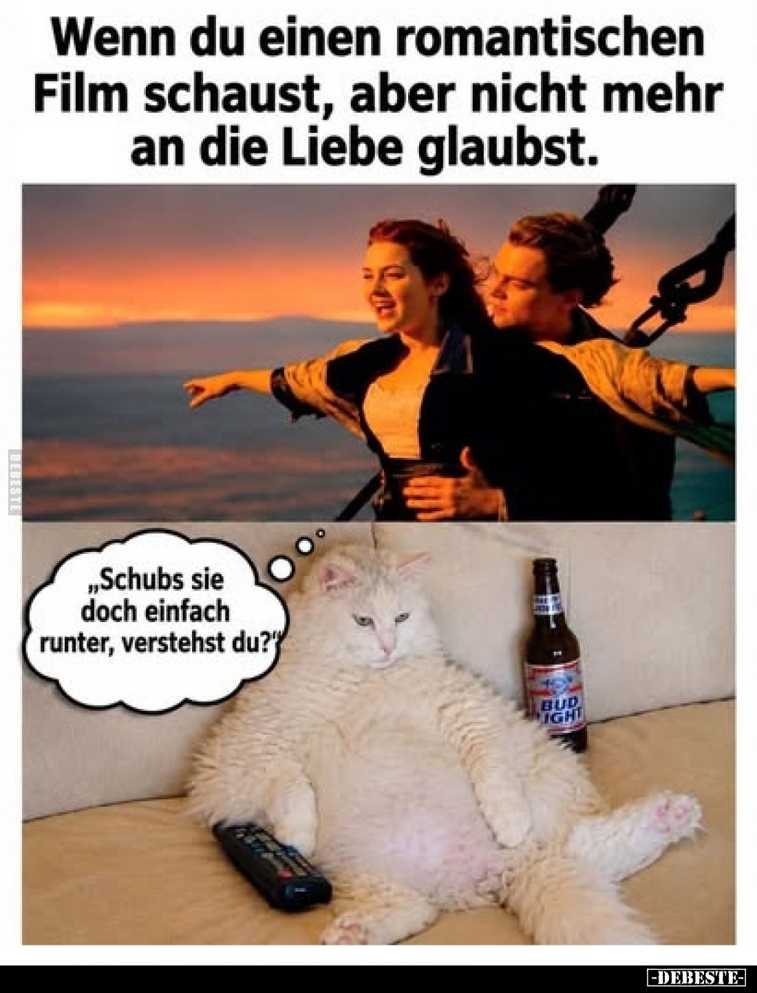 Wenn du einen romantischen Film schaust, aber nicht mehr an die Liebe glaubst.
„Schubs sie doch einfach runter, verstehst du...