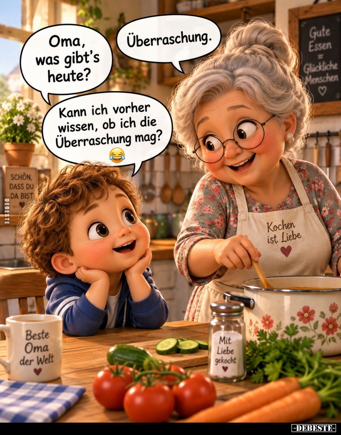 Oma, was gibt's heute? -
Überraschung. -
Kann ich vorher wissen, ob ich die Überraschung mag?