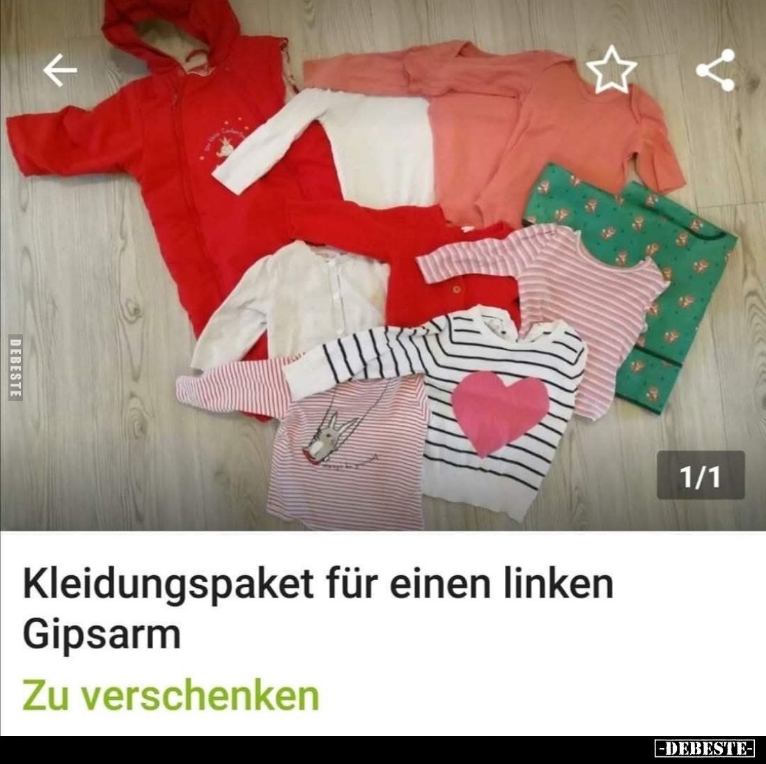Kleidungspaket für einen linken Gipsarm.