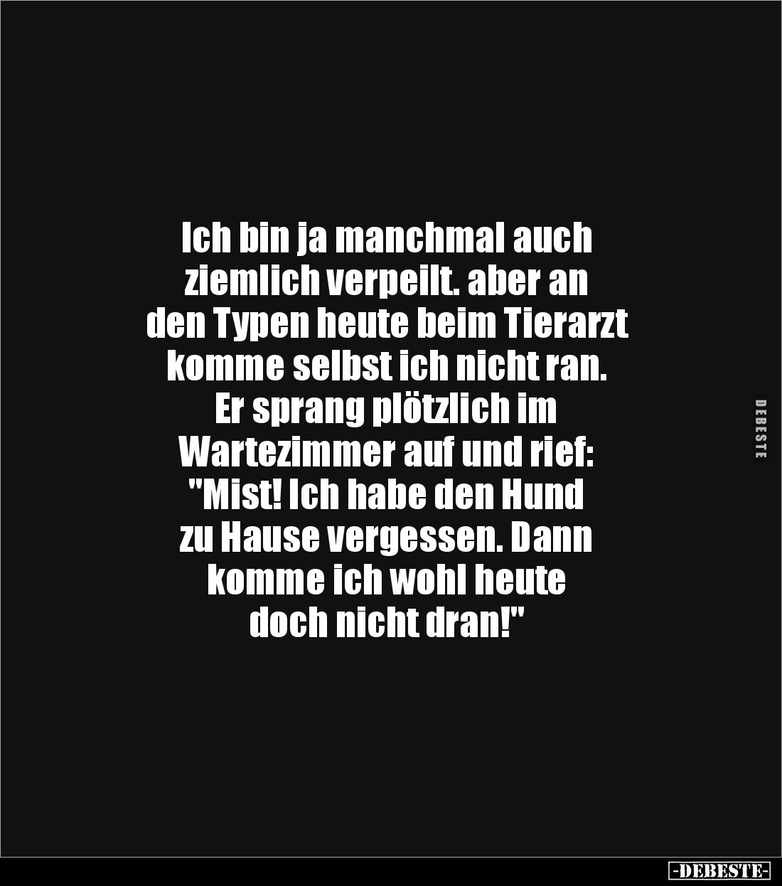 Ich bin ja manchmal auch 
ziemlich verpeilt. aber an 
den Typen heute beim Tierarzt 
komme selbst ich nicht ran.
Er spran...