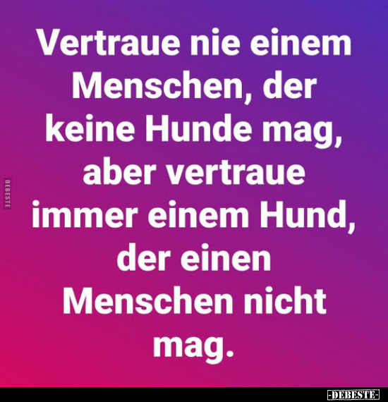 Vertraue nie einem Menschen, der keine Hunde mag, aber vertraue immer einem Hund, der einen Menschen nicht mag.