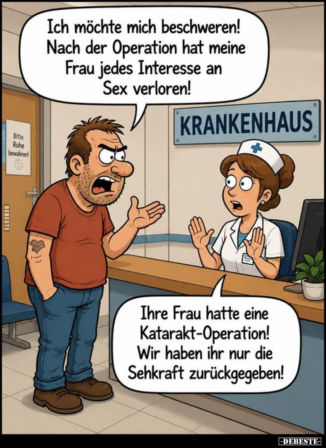 Ich möchte mich beschweren! Nach der Operation hat meine Frau jedes Interesse an Sex verloren!
-
Bitte Ruhe bewahren!
Ihre...
