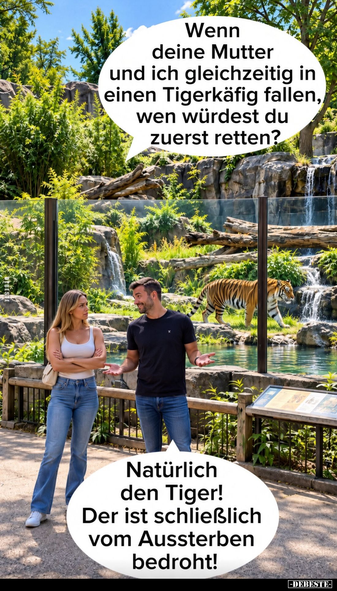Wenn deine Mutter und ich gleichzeitig in einen Tigerkäfig fallen, wen würdest du zuerst retten?
-
Natürlich den Tiger! Der...