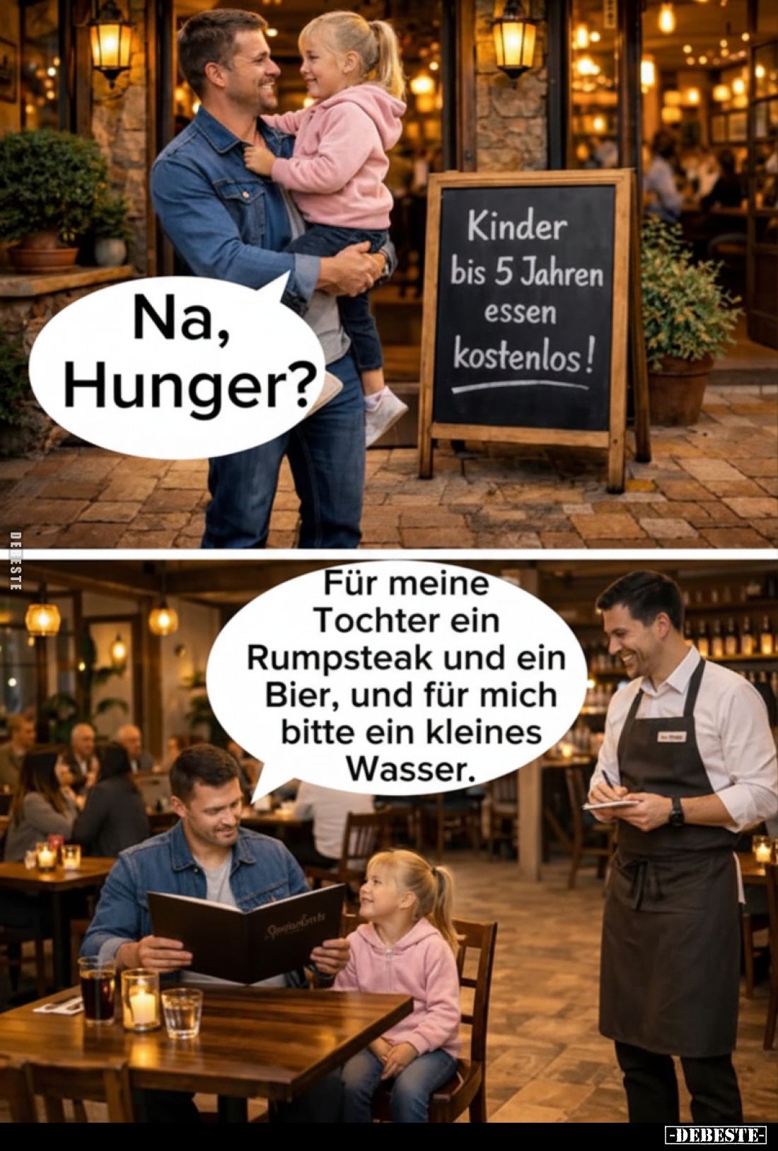 Kinder bis 5 Jahren essen kostenlos!
-
Na, Hunger?
-
Für meine Tochter ein Rumpsteak und ein Bier, und für mich bitte ein...