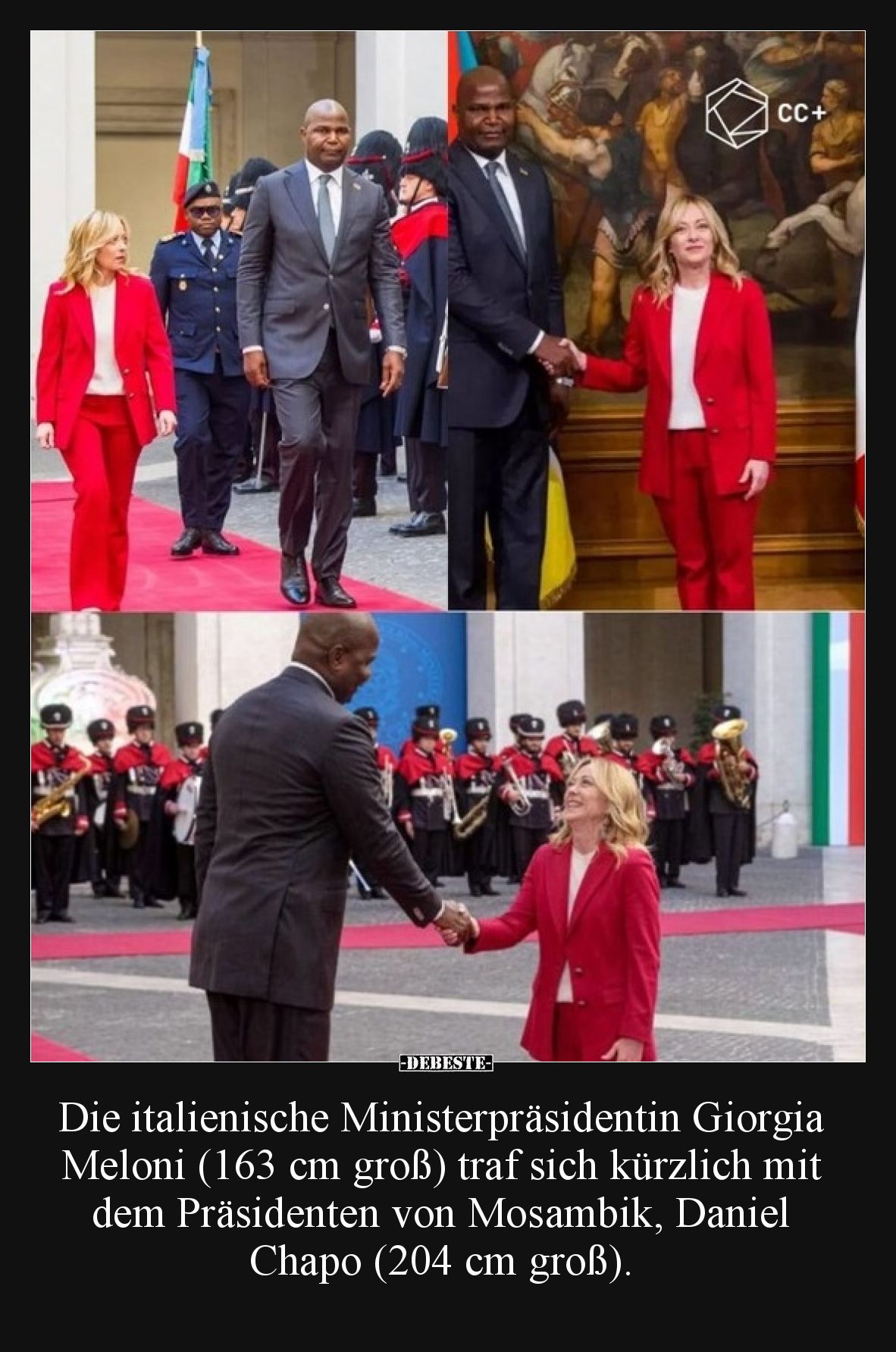 Die italienische Ministerpräsidentin Giorgia Meloni (163 cm groß) traf sich kürzlich mit dem Präsidenten von Mosambik, Daniel...