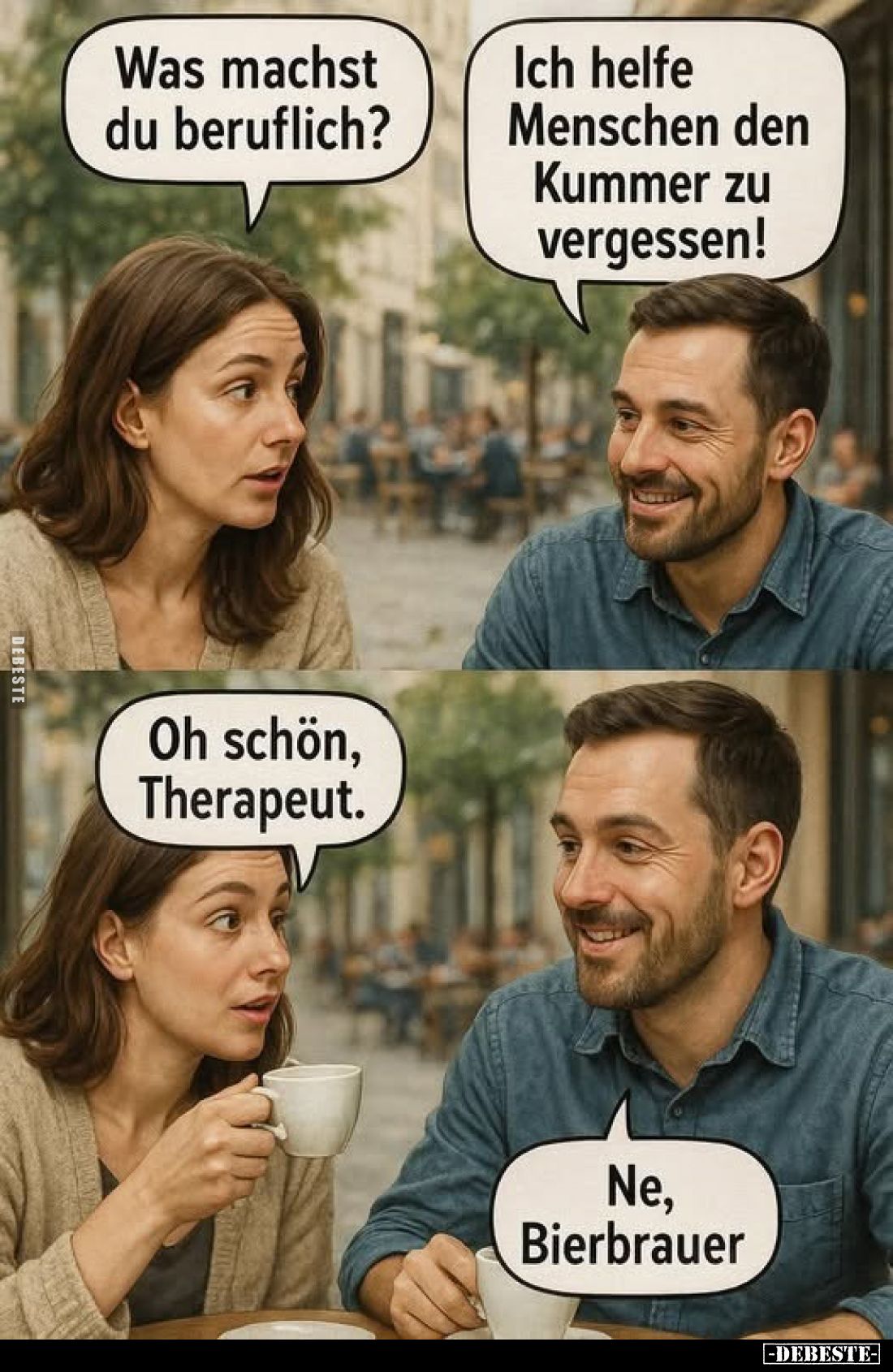 Was machst du beruflich?
Ich helfe Menschen den Kummer zu vergessen!
Oh schön Therapeut.

Ne, Bierbrauer.