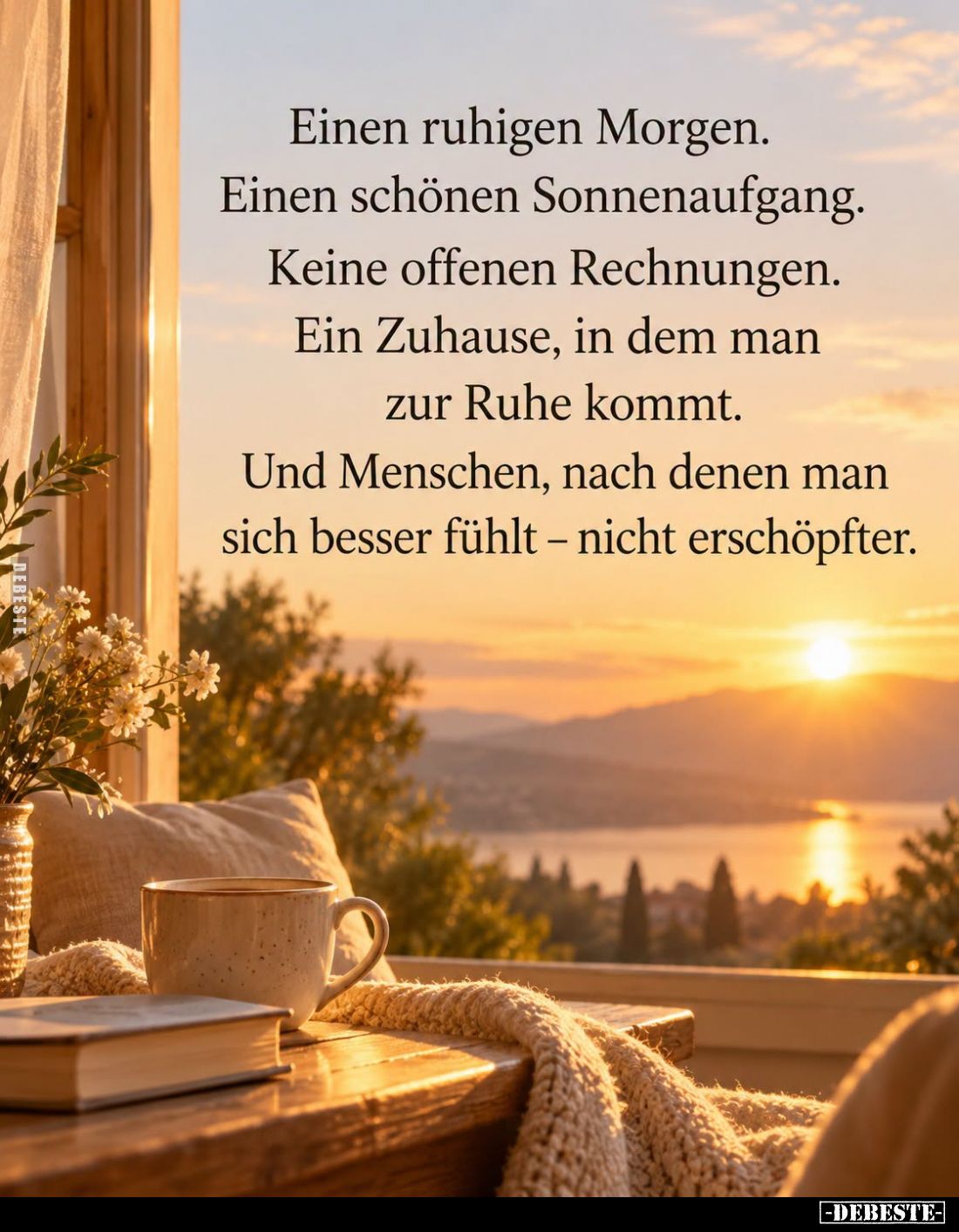 Einen ruhigen Morgen.
Einen schönen Sonnenaufgang.
Keine offenen Rechnungen.
Ein Zuhause, in dem man zur Ruhe kommt.
Und ...