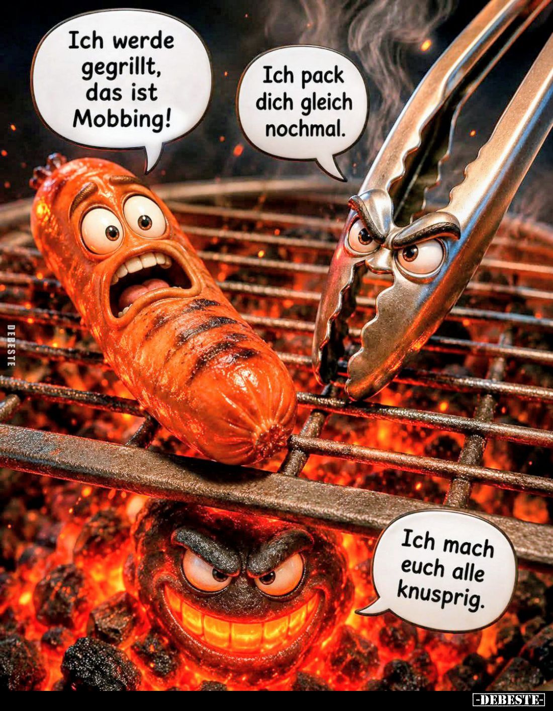 Ich werde gegrillt, das ist Mobbing! -
Ich pack dich gleich nochmal.
-
Ich mach euch alle knusprig.