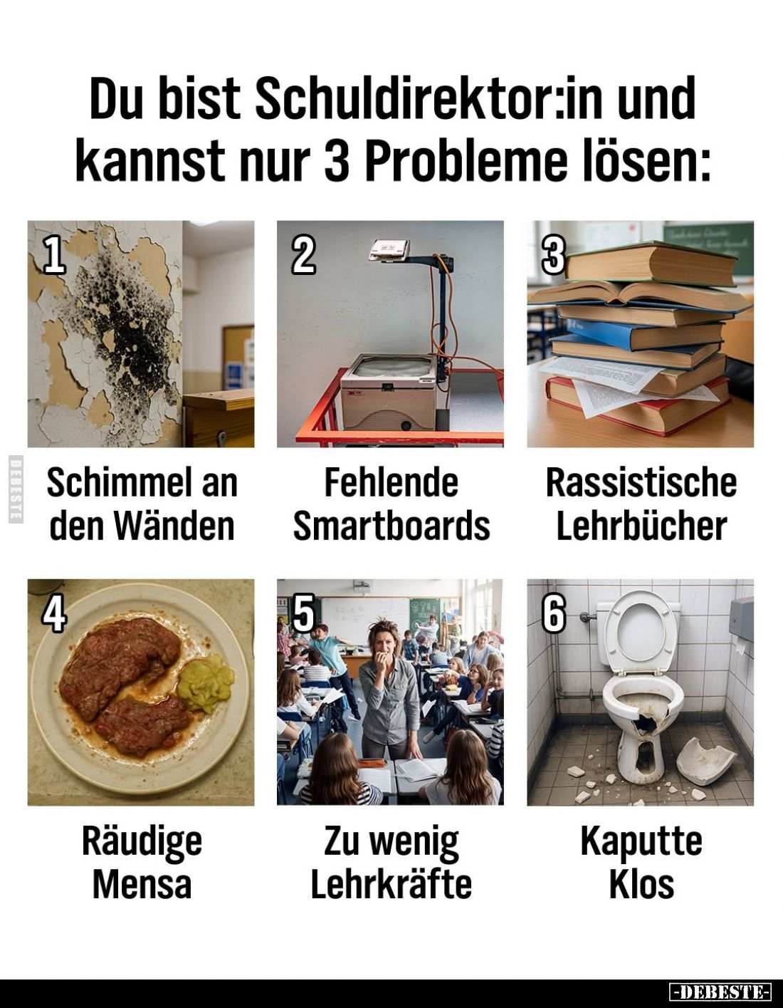 Du bist Schuldirektor:in und kannst nur 3 Probleme lösen:
1 Schimmel an den Wänden
2 Fehlende Smartboards
3 Rassistische L...