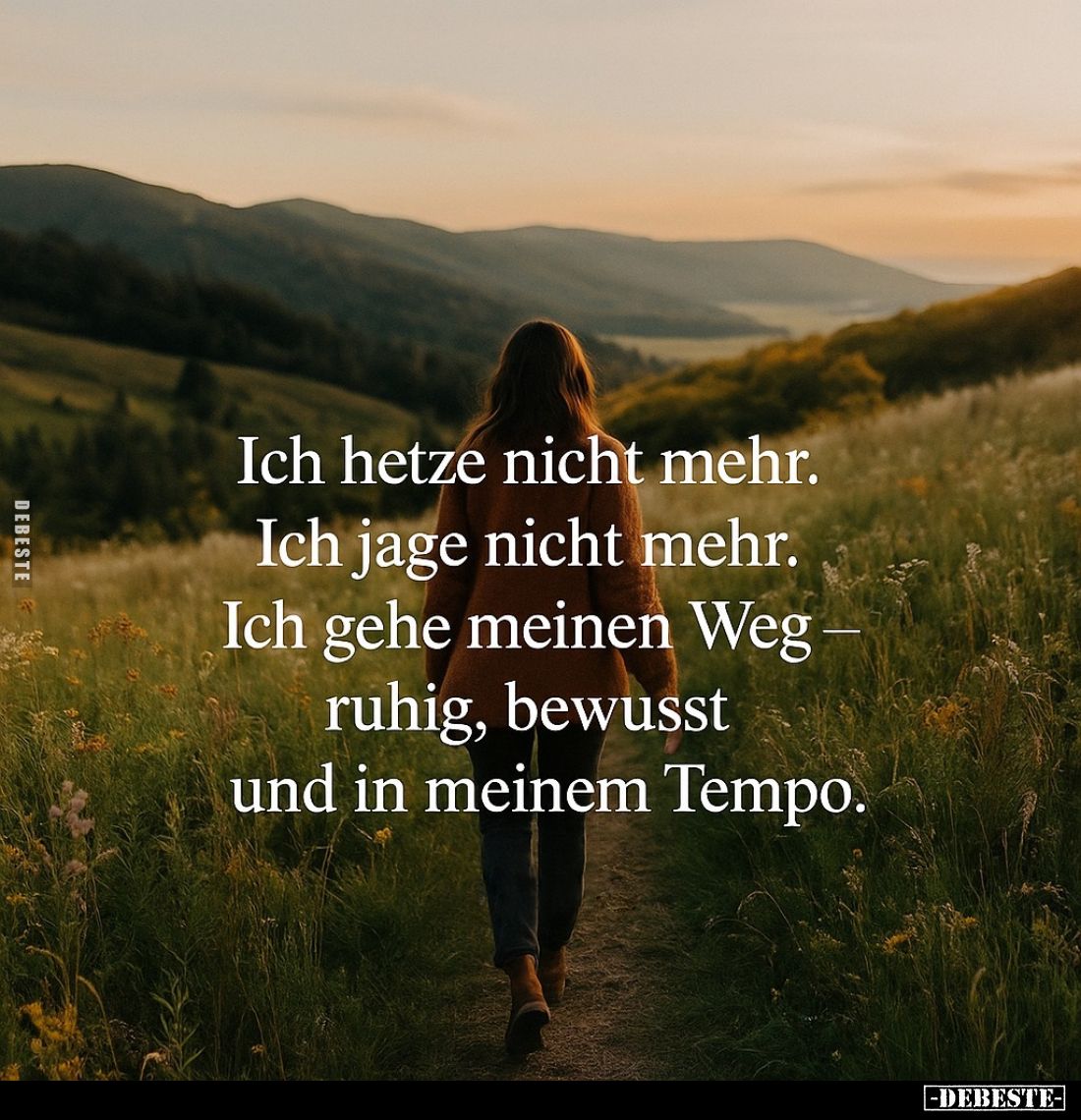 Ich hetze nicht mehr. 
Ich jage nicht mehr. 
Ich gehe meinen Weg - ruhig, bewusst und in meinem Tempo.