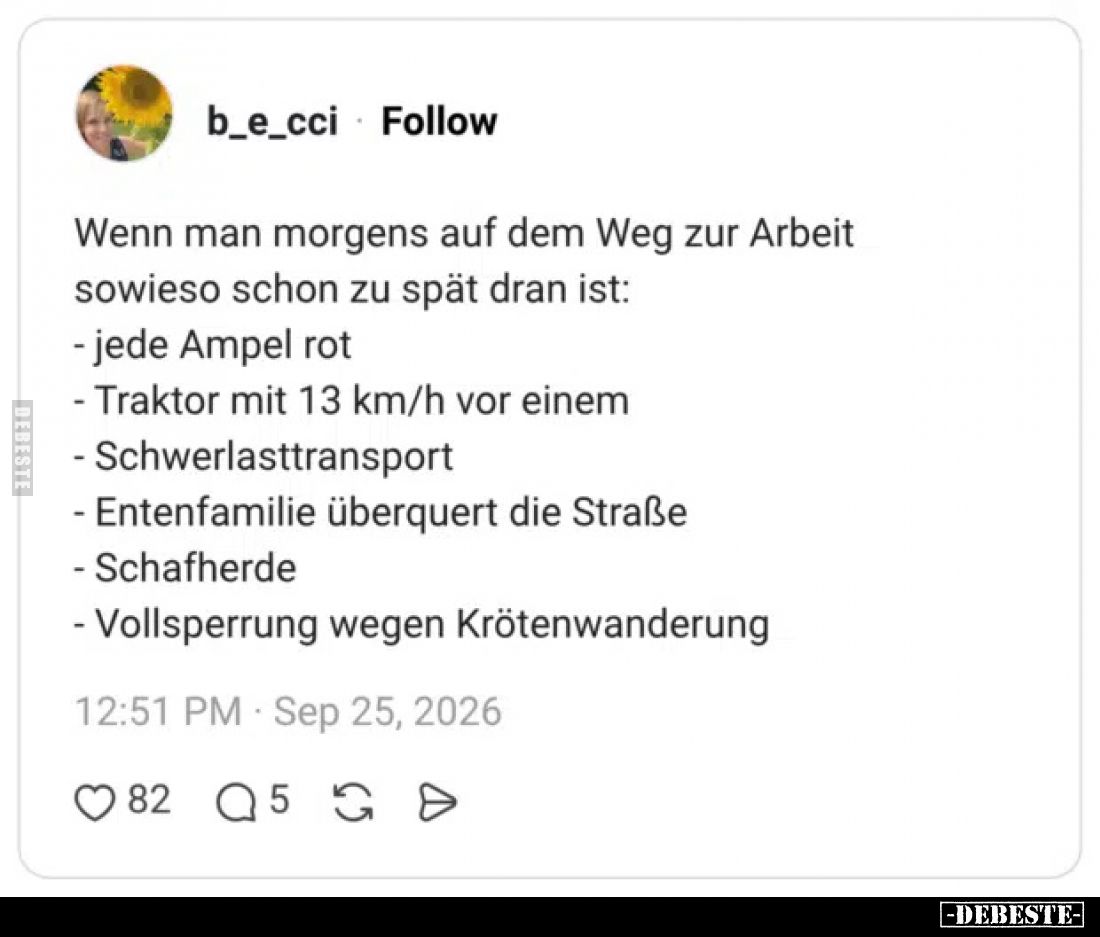 Wenn man morgens auf dem Weg zur Arbeit sowieso schon zu spät dran ist:
- jede Ampel rot
- Traktor mit 13 km/h vor einem
-...