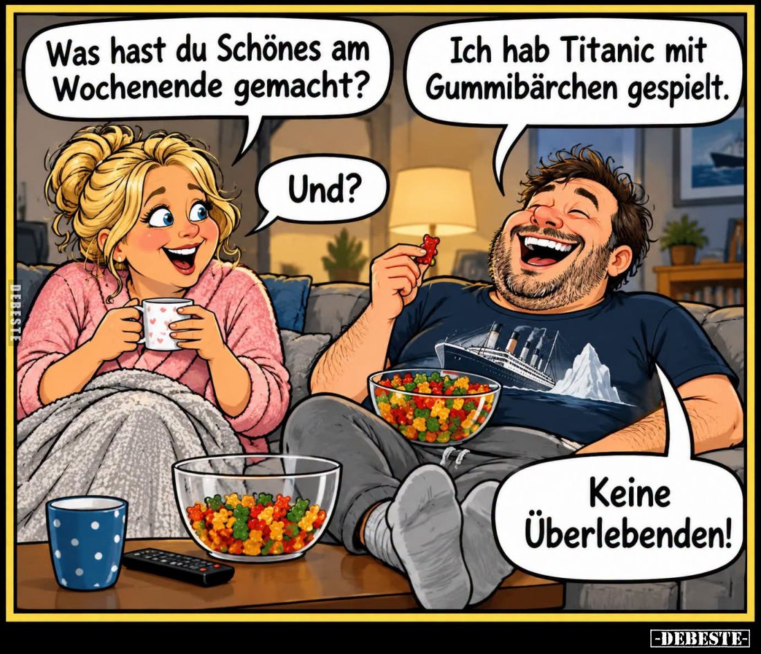 Was hast du Schönes am Wochenende gemacht? -
Ich hab Titanic mit Gummibärchen gespielt. -
Und? -
Keine Überlebenden!