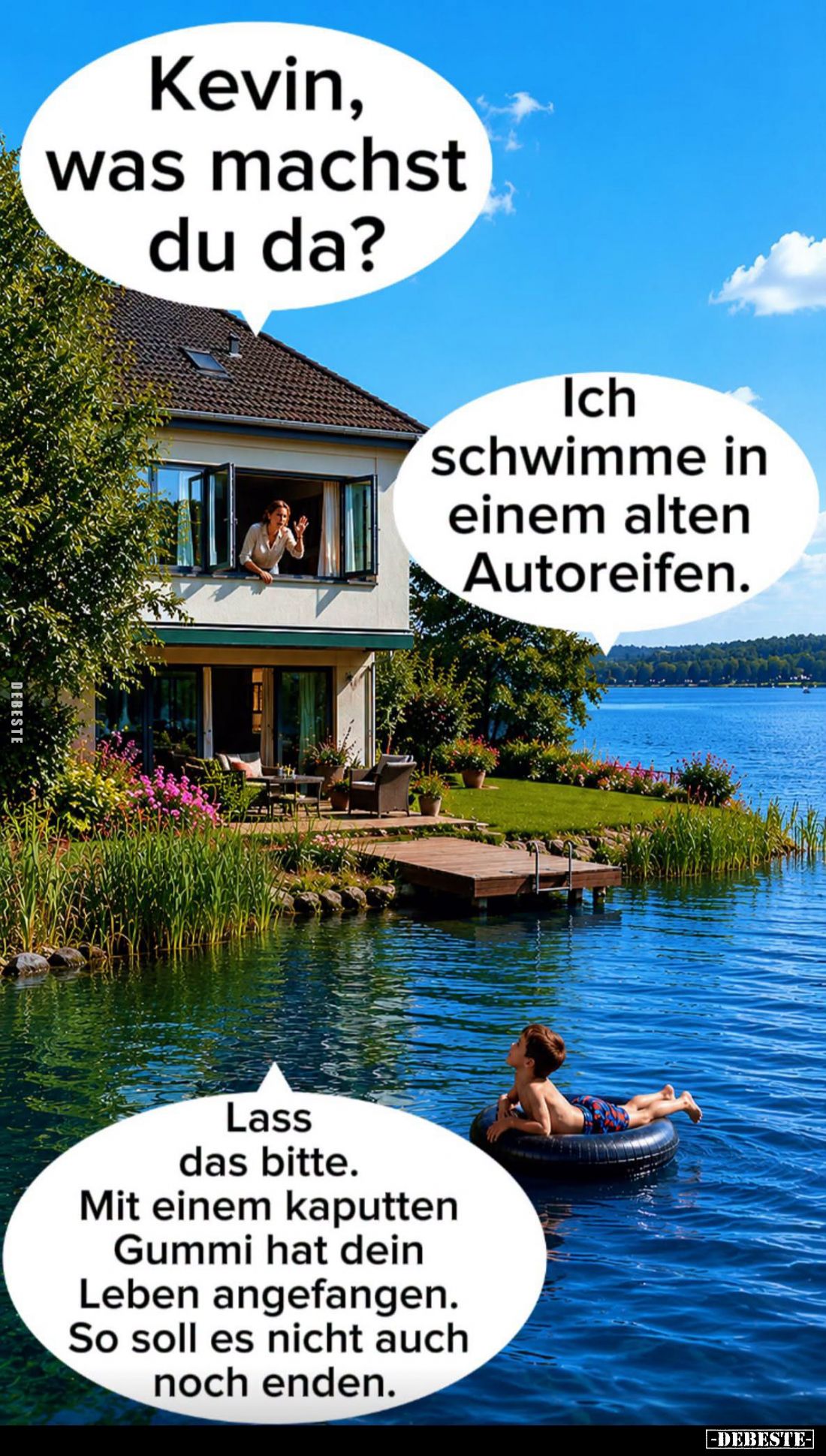 Kevin, was machst du da? -
Ich schwimme in einem alten Autoreifen. -
Lass das bitte.
Mit einem kaputten Gummi hat dein Leb...
