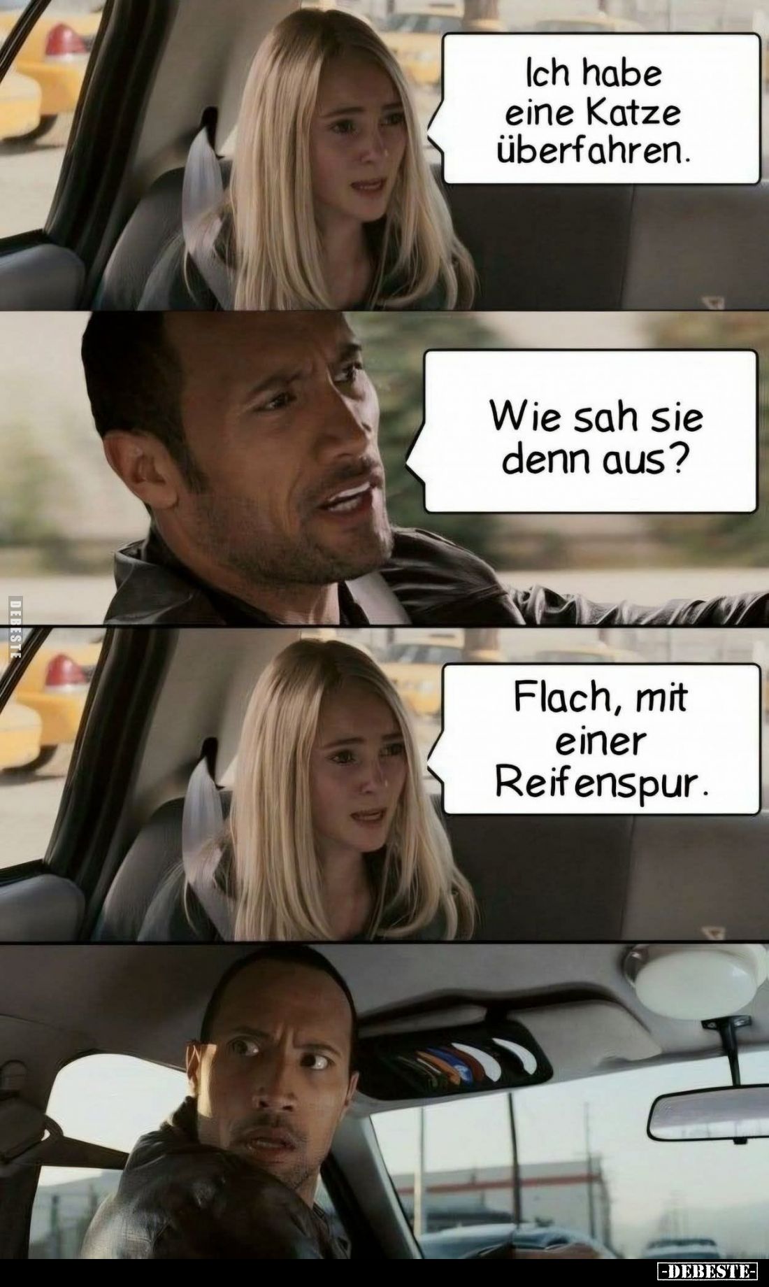 Ich habe eine Katze überfahren. -
Wie sah sie denn aus? -
Flach, mit einer Reifenspur.