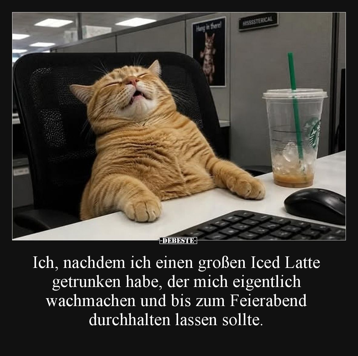 Ich, nachdem ich einen großen Iced Latte getrunken habe, der mich eigentlich wachmachen und bis zum Feierabend durchhalten la...