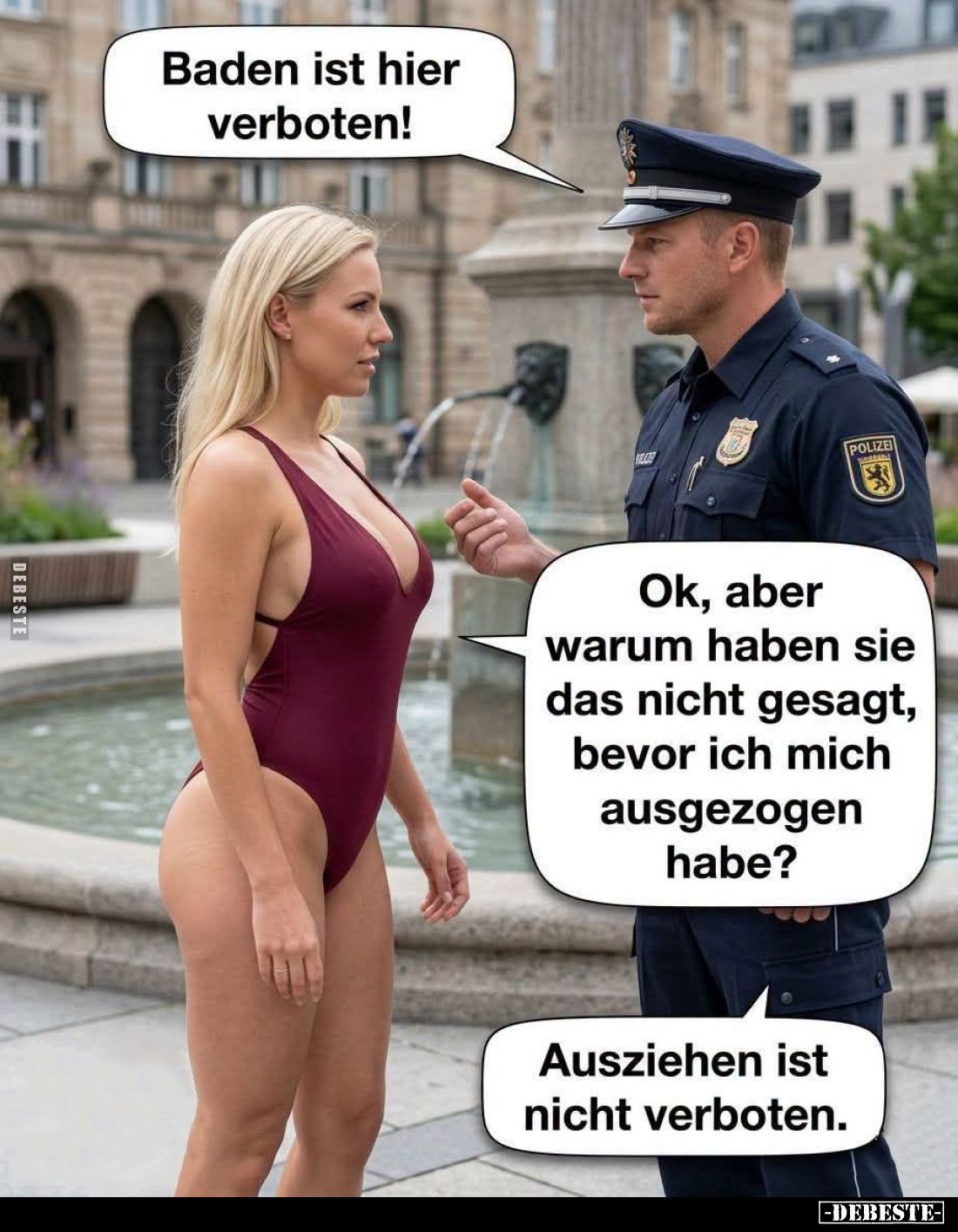Baden ist hier verboten!
-
Ok, aber warum haben sie das nicht gesagt, bevor ich mich ausgezogen habe?
-
Ausziehen ist nic...