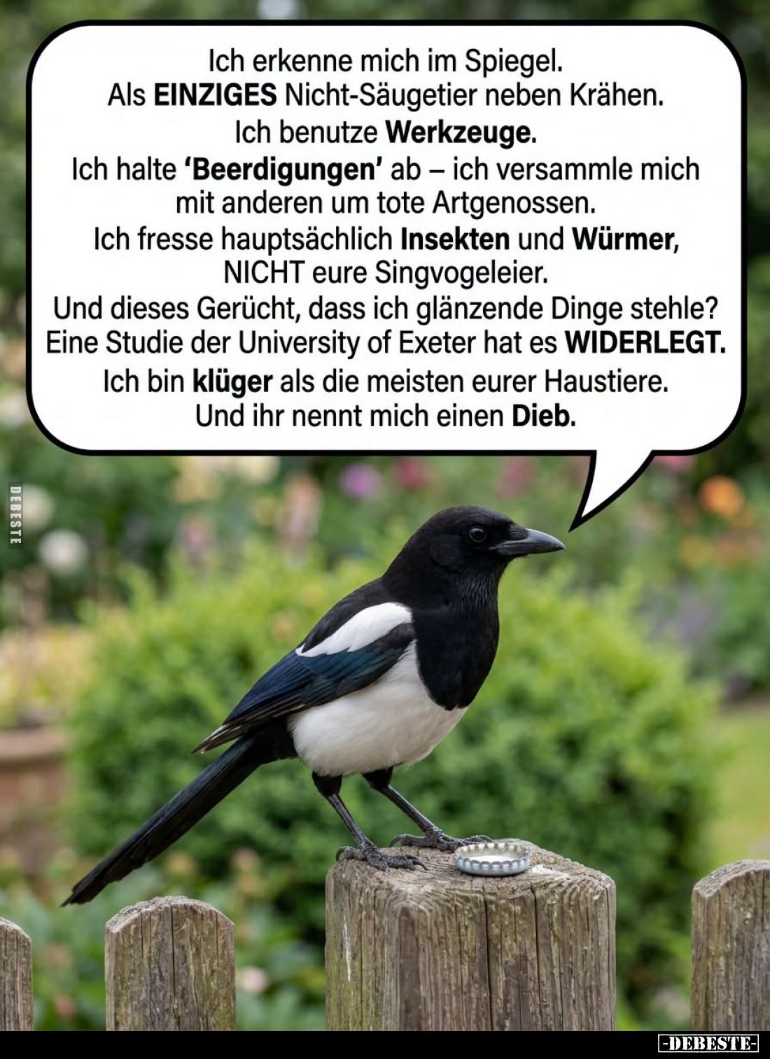 Ich erkenne mich im Spiegel.
Als EINZIGES Nicht-Säugetier neben Krähen.
Ich benutze Werkzeuge.
Ich halte 'Beerdigungen' ab...