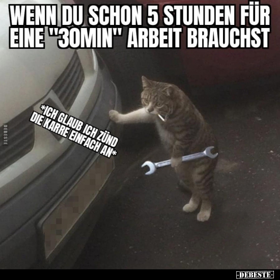 Wenn du schon 5 Stunden für eine "30 Min" Arbeit brauchst.

*Ich glaube, ich zünd die Karre einfach an*