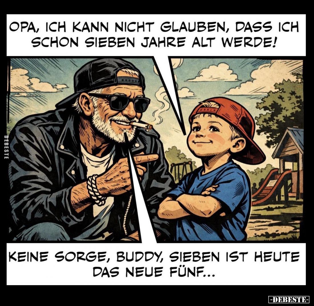 Opa, ich kann nicht glauben, dass ich schon sieben Jahre alt werde! -
Keine Sorge, Buddy, sieben ist heute das neue fünf...