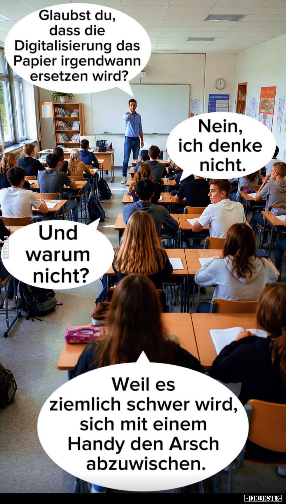 Glaubst du, dass die Digitalisierung das Papier irgendwann ersetzen wird? -
Nein, ich denke nicht. -
Und warum nicht? -
We...