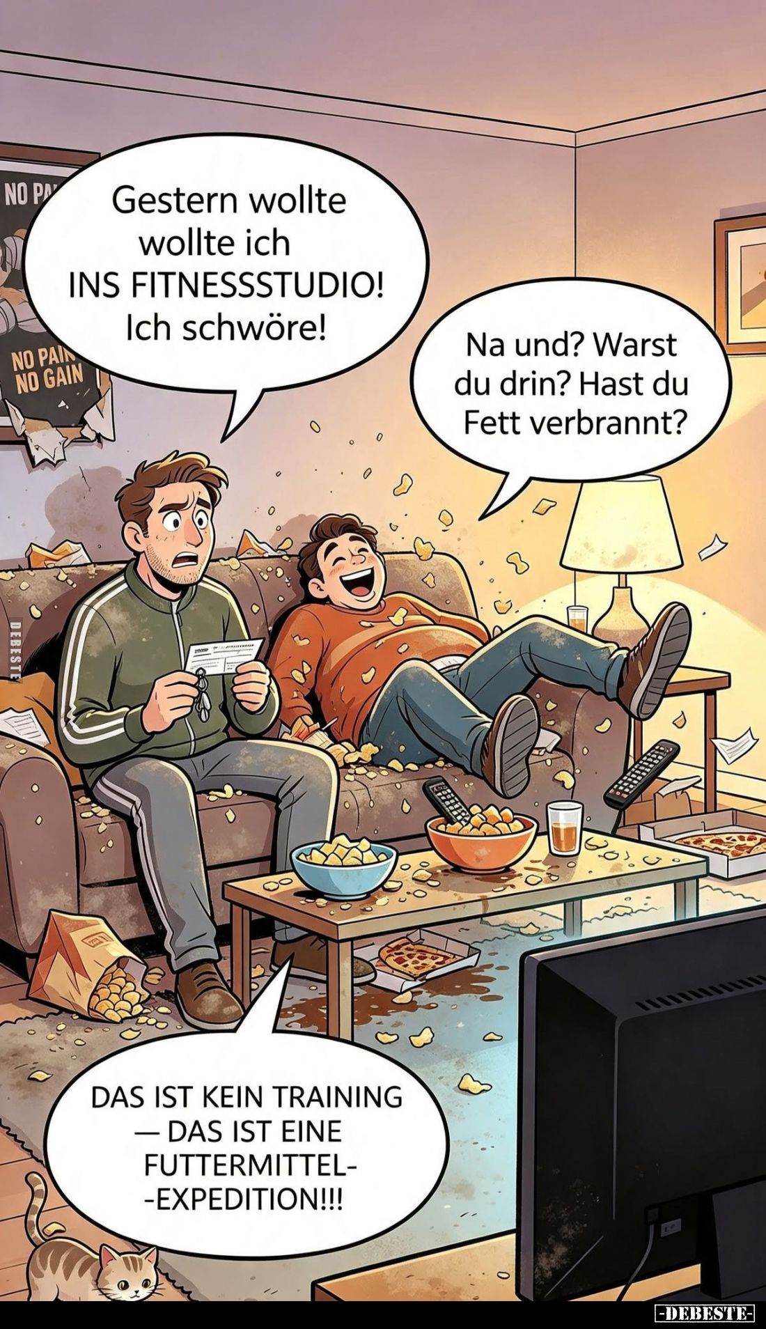 Gestern wollte wollte ich INS FITNESSSTUDIO! Ich schwöre! - Na und? Warst du drin? Hast du Fett verbrannt? - Das ist kein Tra...
