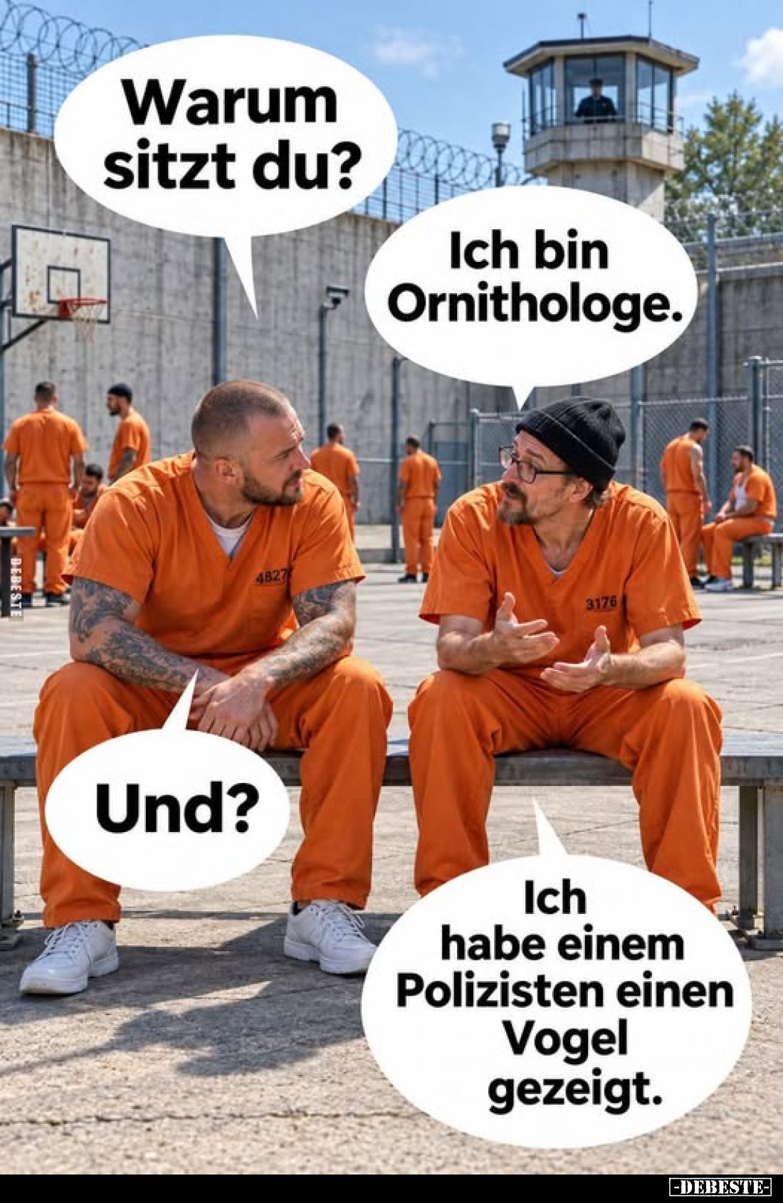 Warum sitzt du?
-
Ich bin Ornithologe.
-
Und? -
Ich habe einem Polizisten einen Vogel gezeigt.