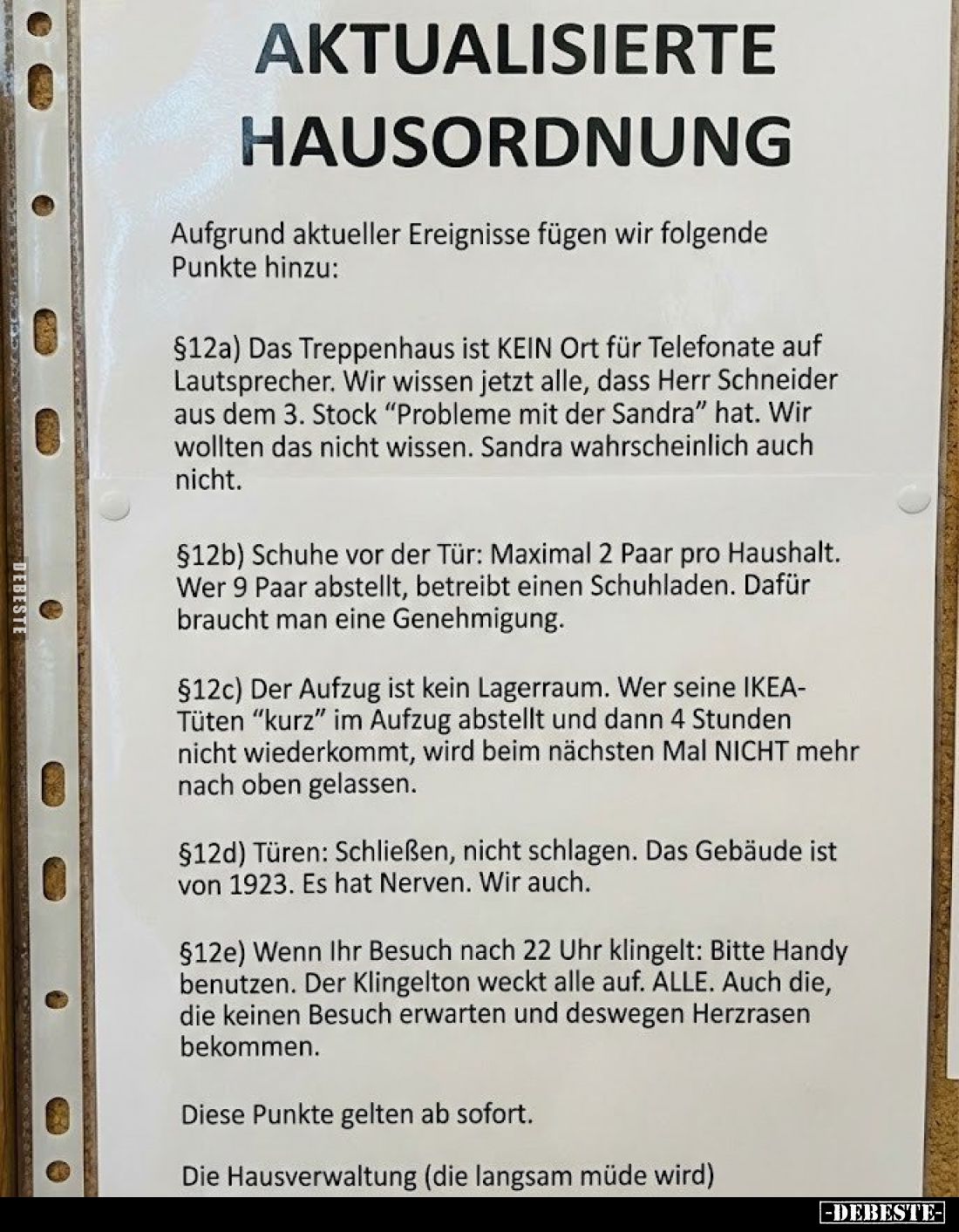 Aktualisierte Hausordnung
-
Aufgrund aktueller Ereignisse fügen wir folgende Punkte hinzu:
§12a) Das Treppenhaus ist KEIN ...