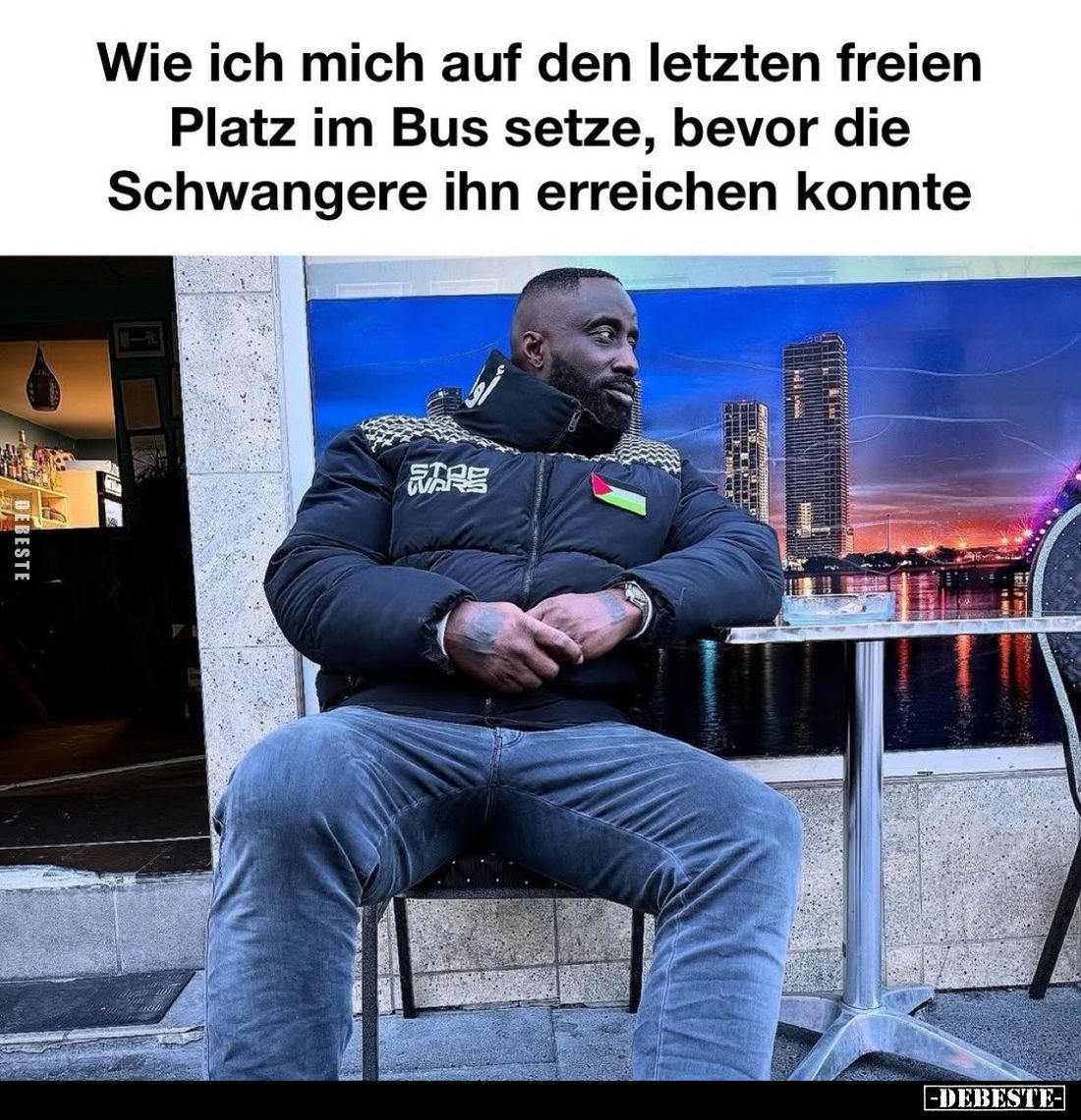 Wie ich mich auf den letzten freien Platz im Bus setze, bevor die Schwangere ihn erreichen konnte.