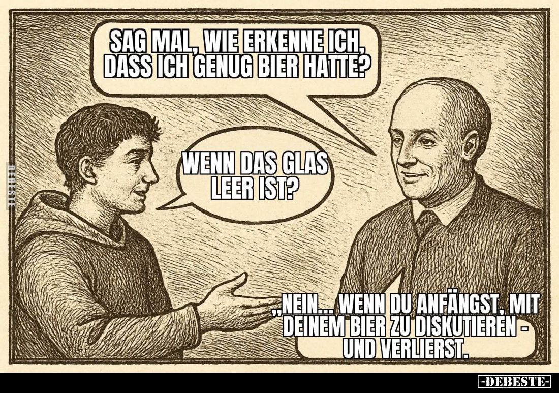 Sag mal, wie erkenne ich, dass ich genug Bier hatte? -
Wenn das Glas leer ist? -
Nein... wenn du anfängst, mit deinem Bier ...