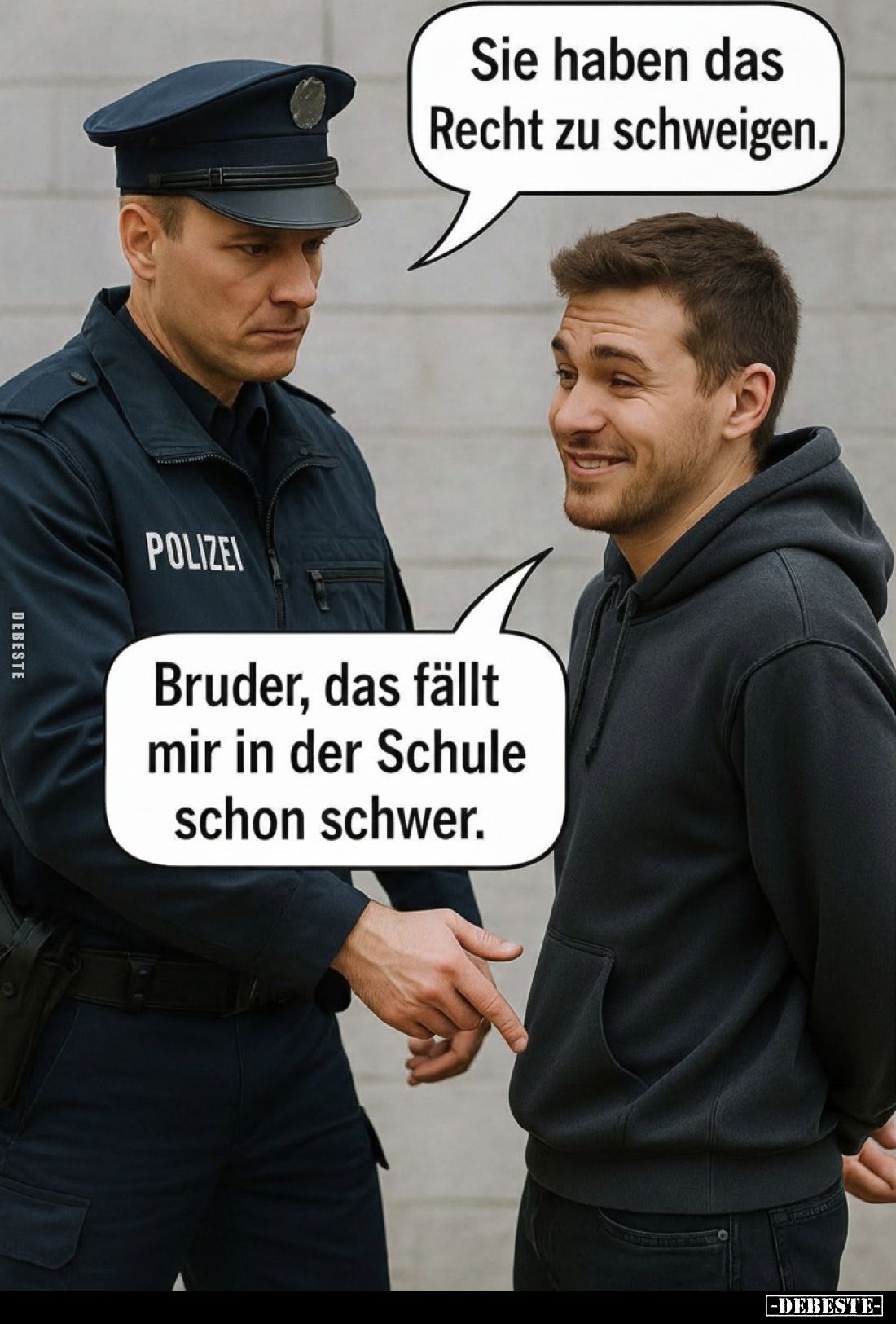 Sie haben das Recht zu schweigen.
Bruder, das fällt mir in der Schule schon schwer.