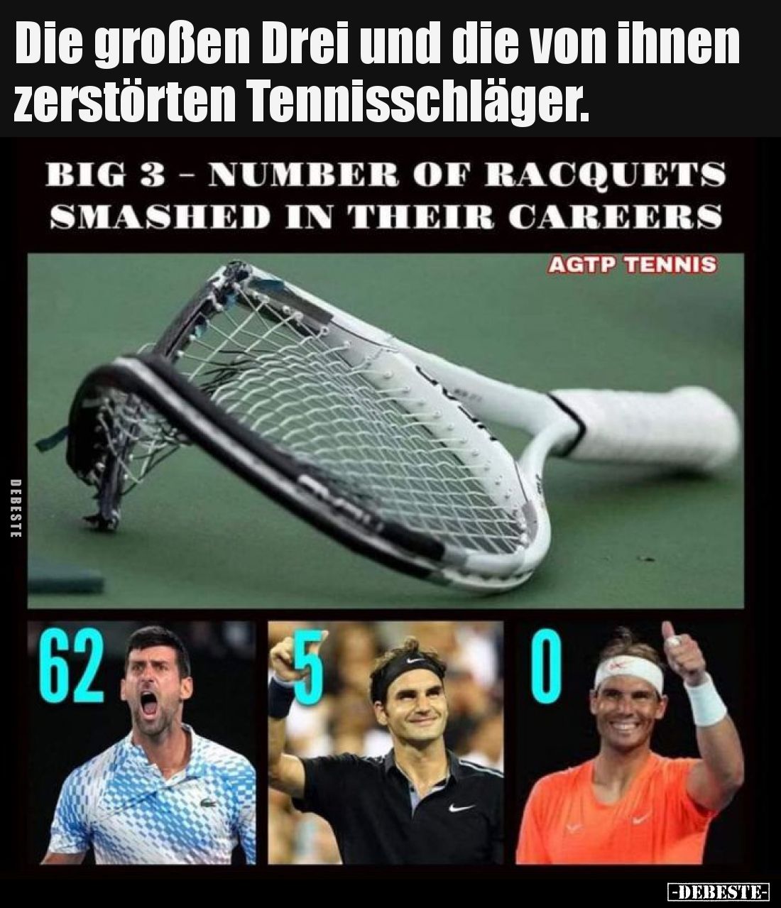 Die großen Drei und die von ihnen zerstörten Tennisschläger.