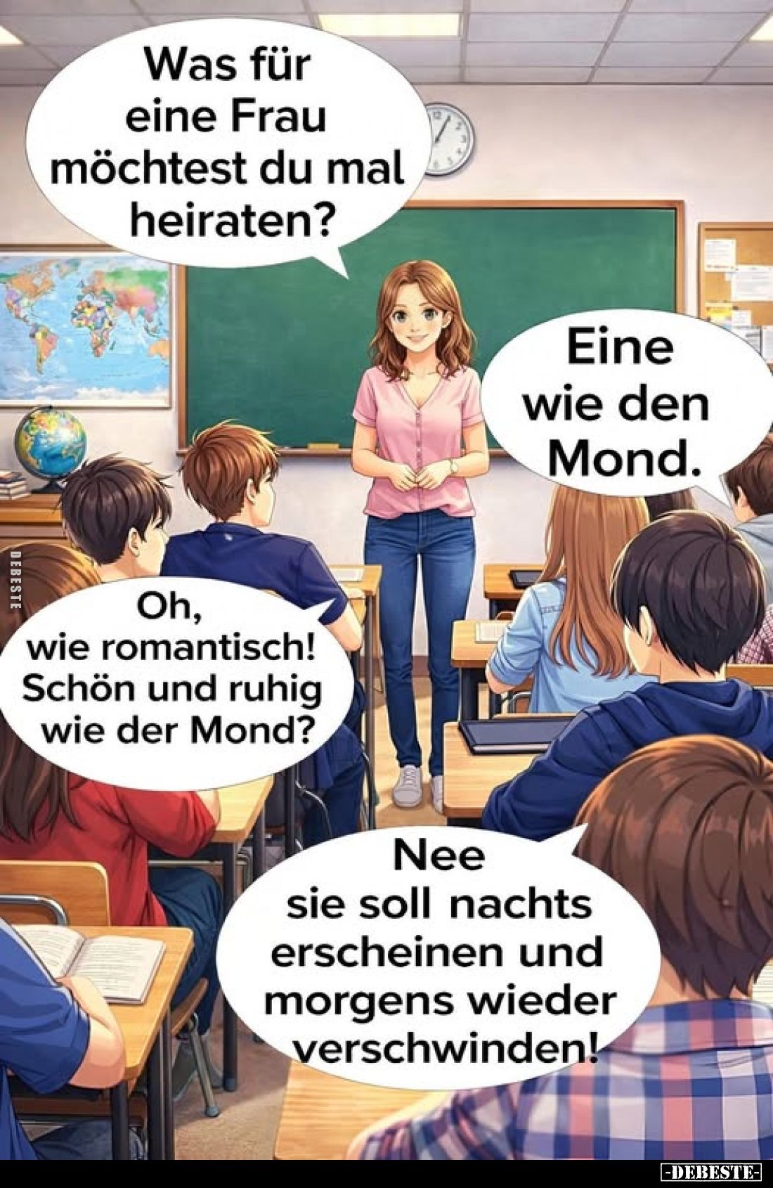 Was für eine Frau möchtest du mal heiraten?
-
Eine wie den Mond.
-
Oh, wie romantisch! Schön und ruhig wie der Mond?
-
...