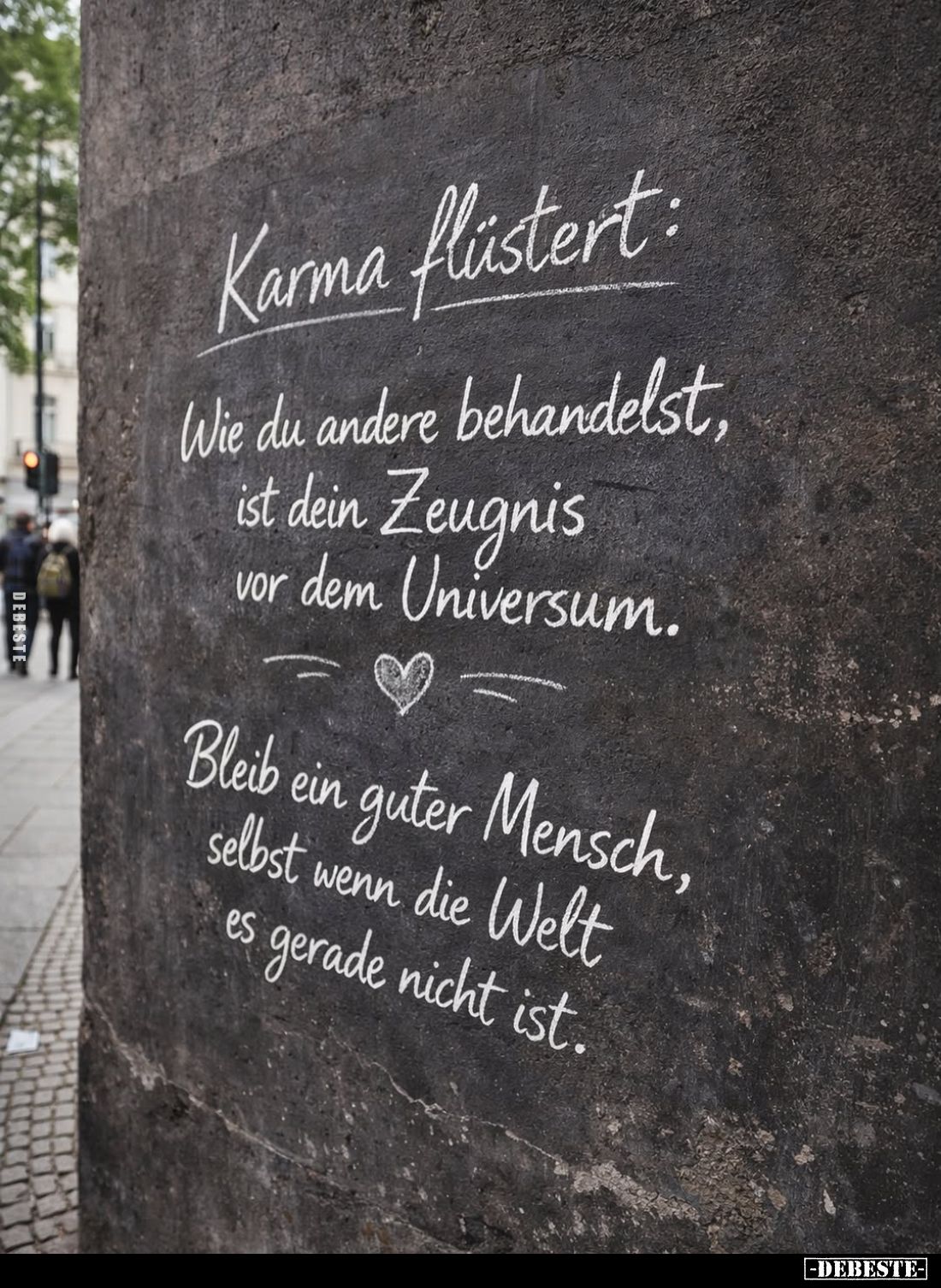 Karma flüstert:
Wie du andere behandelst, ist dein Zeugnis vor dem Universum.
Bleib ein guter Mensch, selbst wenn die Welt ...