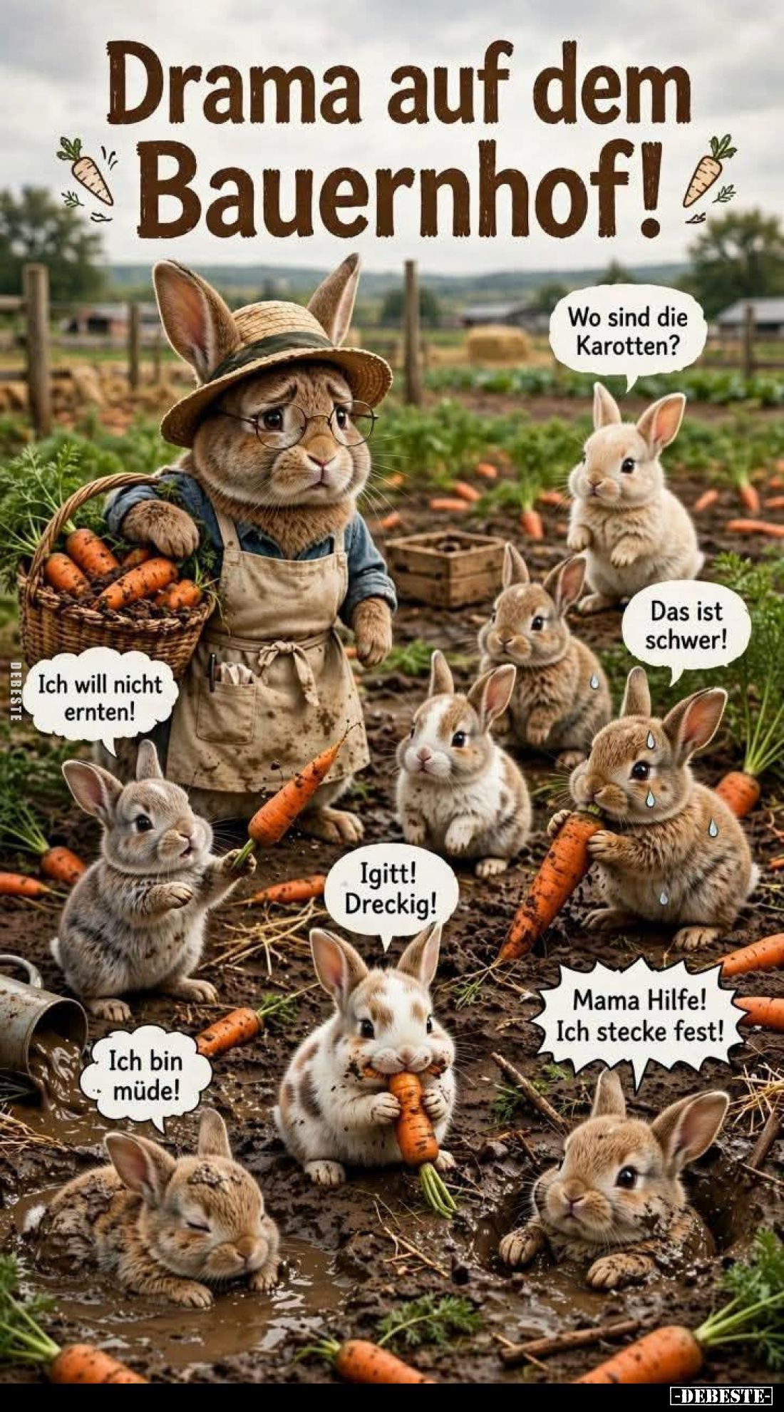 Drama auf dem Bauernhof!

Wo sind die Karotten?

Ich will nicht ernten!

Das ist schwer!

Ich bin müde!

Igitt! Dre...