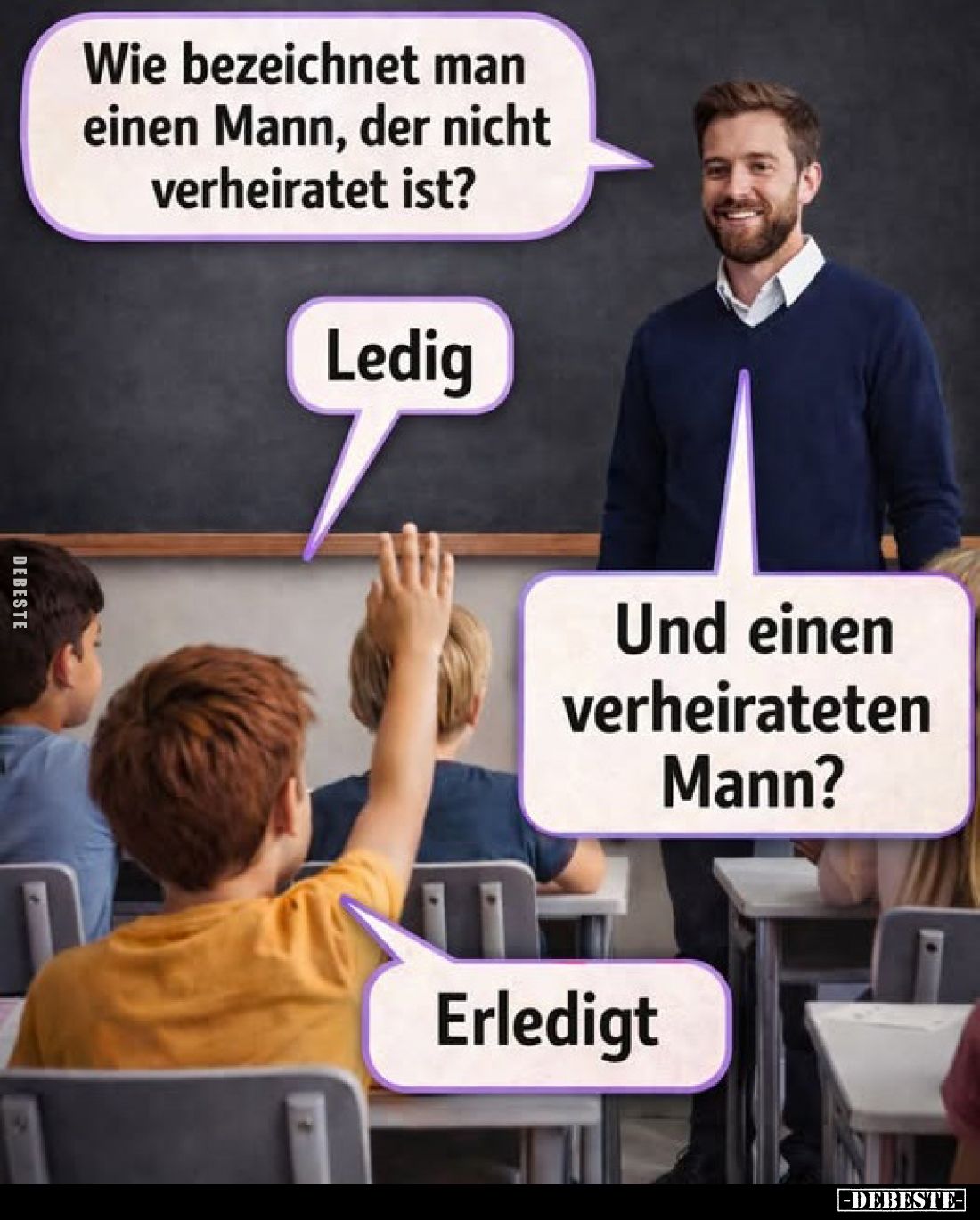 Wie bezeichnet man einen Mann, der nicht verheiratet ist?
Ledig.
Und einen verheirateten Mann?
Erledigt.