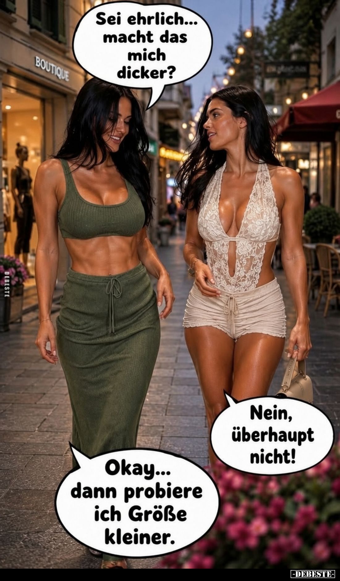 Sei ehrlich... macht das mich dicker? - Nein, überhaupt nicht! -
Okay... dann probiere ich Größe kleiner.