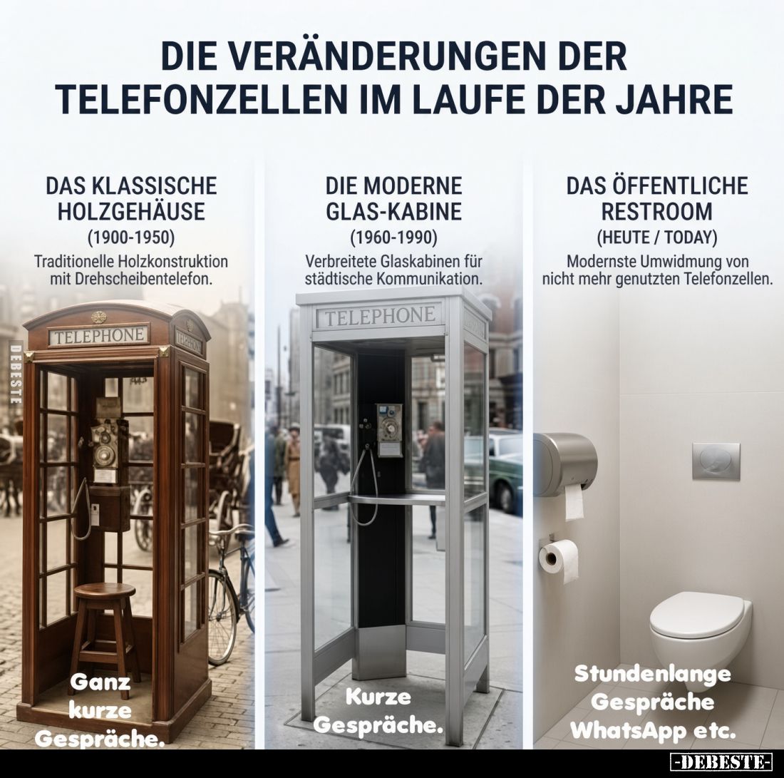 Die Veränderungen der Telefonzellen im Laufe der Jahre.
- Das klassische Holzgehäuse (1900-1950) Traditionelle Holzkonstrukt...