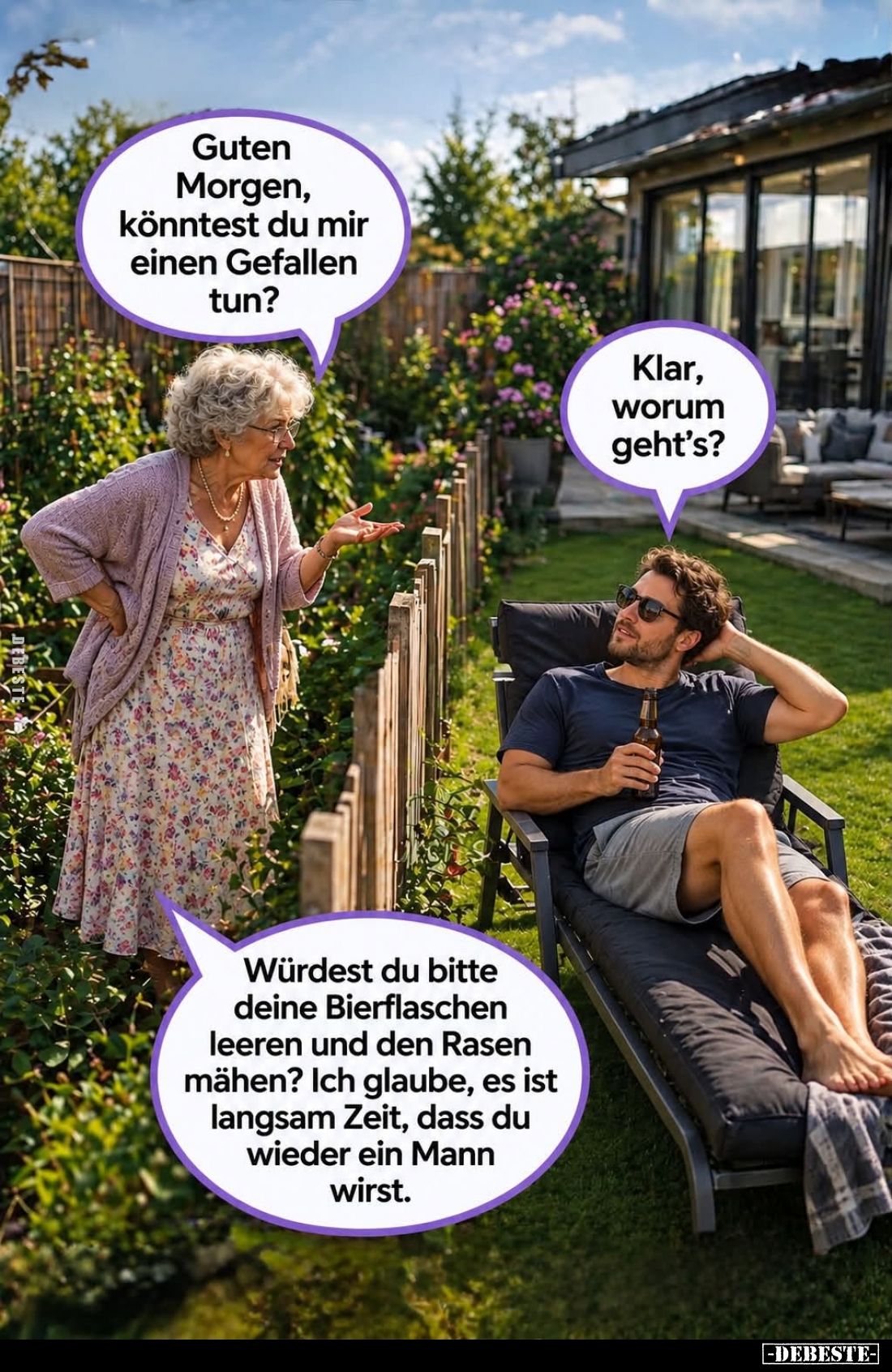 Guten Morgen, könntest du mir einen Gefallen tun? -
Klar, worum geht's? -
Würdest du bitte deine Bierflaschen leeren und de...