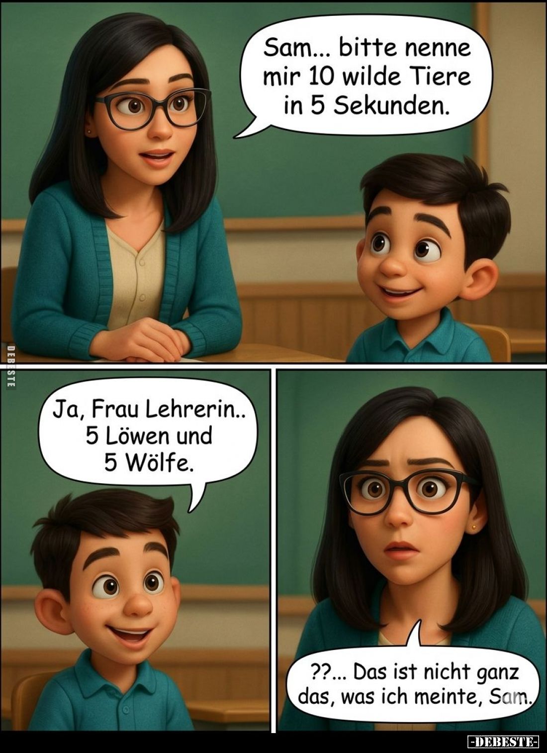 Sam... bitte nenne mir 10 wilde Tiere in 5 Sekunden.
-
Ja, Frau Lehrererin.. 5 Löwen und 5 Wölfe.
-
 Das ist nicht ganz d...