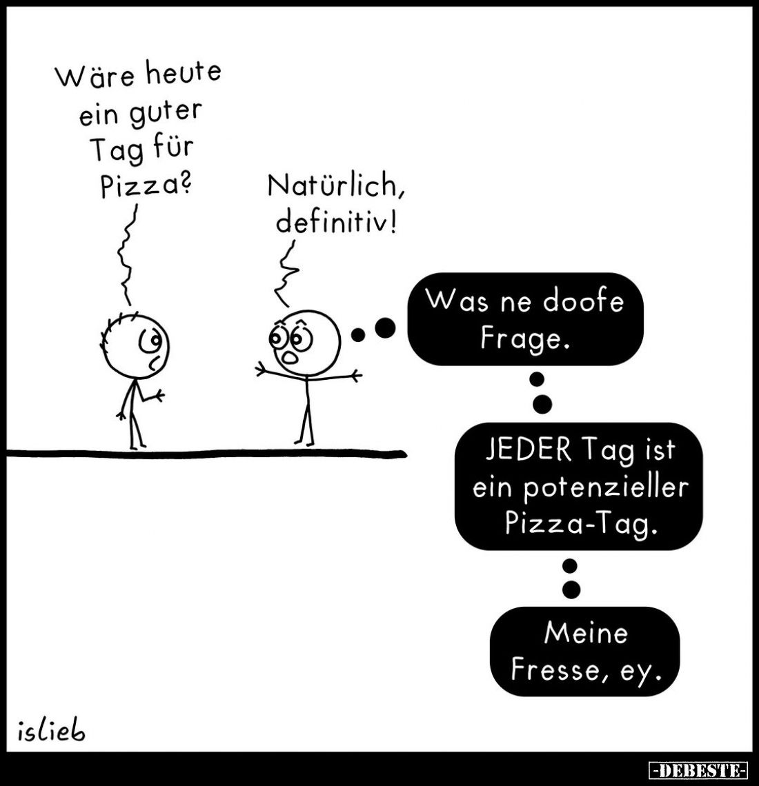 Wäre heute ein guter Tag für Pizza? -
Natürlich, definitiv! -
Was ne doofe Frage. -
JEDER Tag ist ein potenzieller Pizza-T...