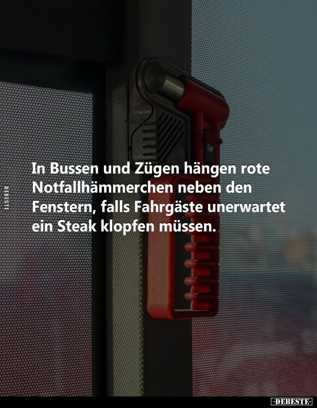 In Bussen und Zügen hängen rote Notfallhämmerchen neben den Fenstern, falls Fahrgäste unerwartet ein Steak klopfen müssen.