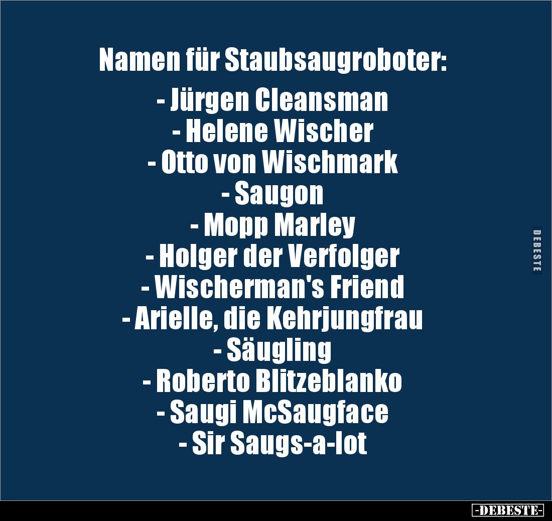 Namen für Staubsaugroboter:

- Jürgen Cleansman
- Helene Wischer
- Otto von Wischmark
- Saugon
- Mopp Marley
- Holger ...