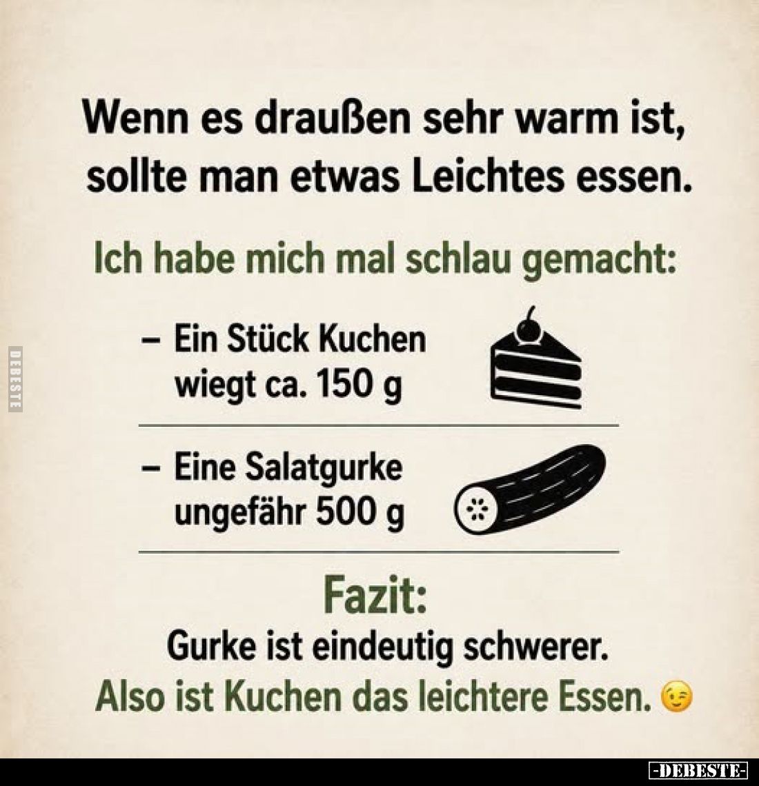 Wenn es draußen sehr warm ist, sollte man etwas Leichtes essen.
Ich habe mich mal schlau gemacht:
- Ein Stück Kuchen wiegt ...